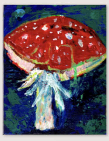 depicts the juxtaposition of the cozy faery tale toadstool, red with whits spots which is also called a Fly Agaric, with the reality of a poisonous psychotropic fungus, using dramatic tones and rendered using brush and palette knife.
