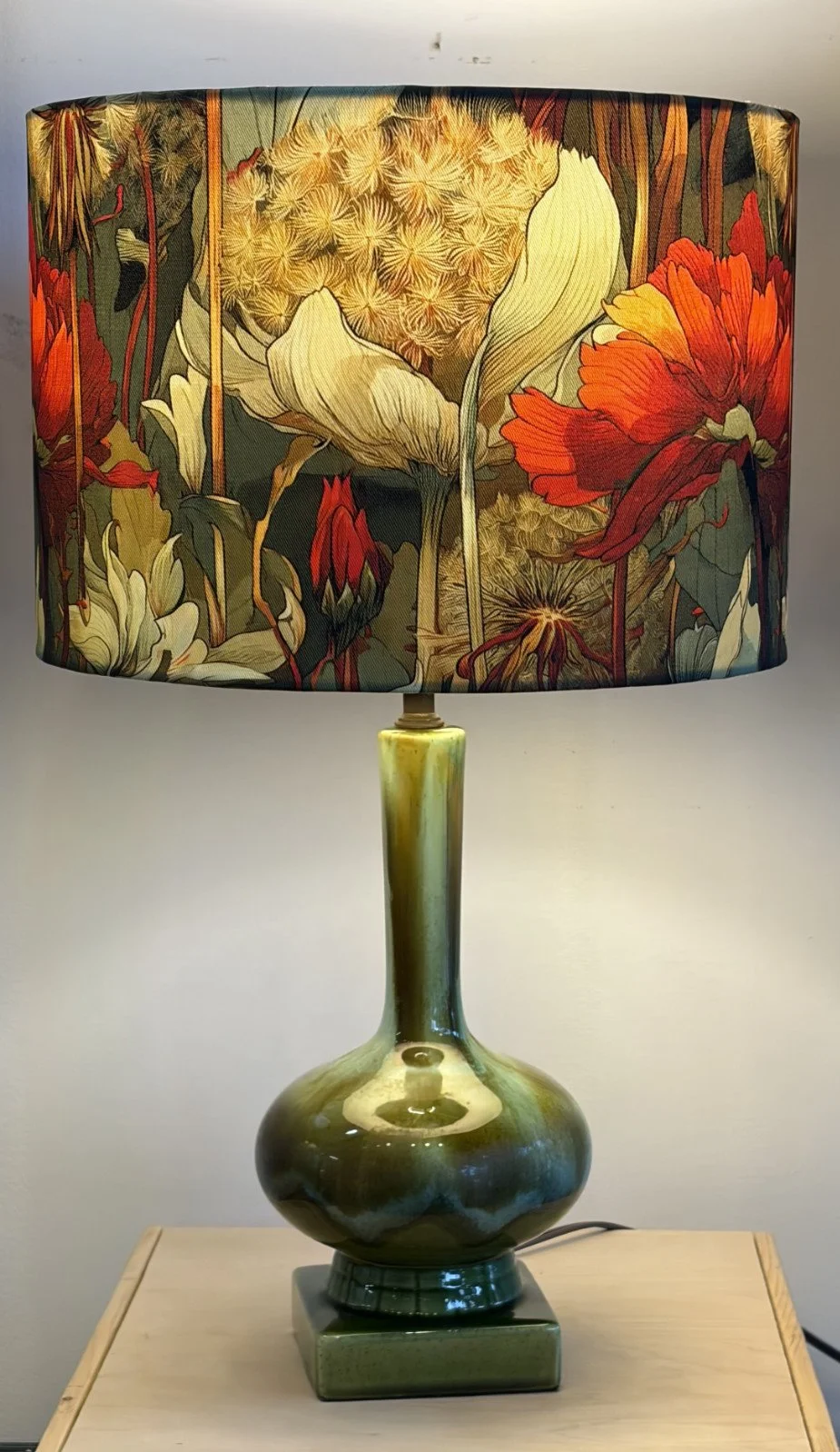 1980s Art Deco Revival Lamp, Green Gold Glazed Base