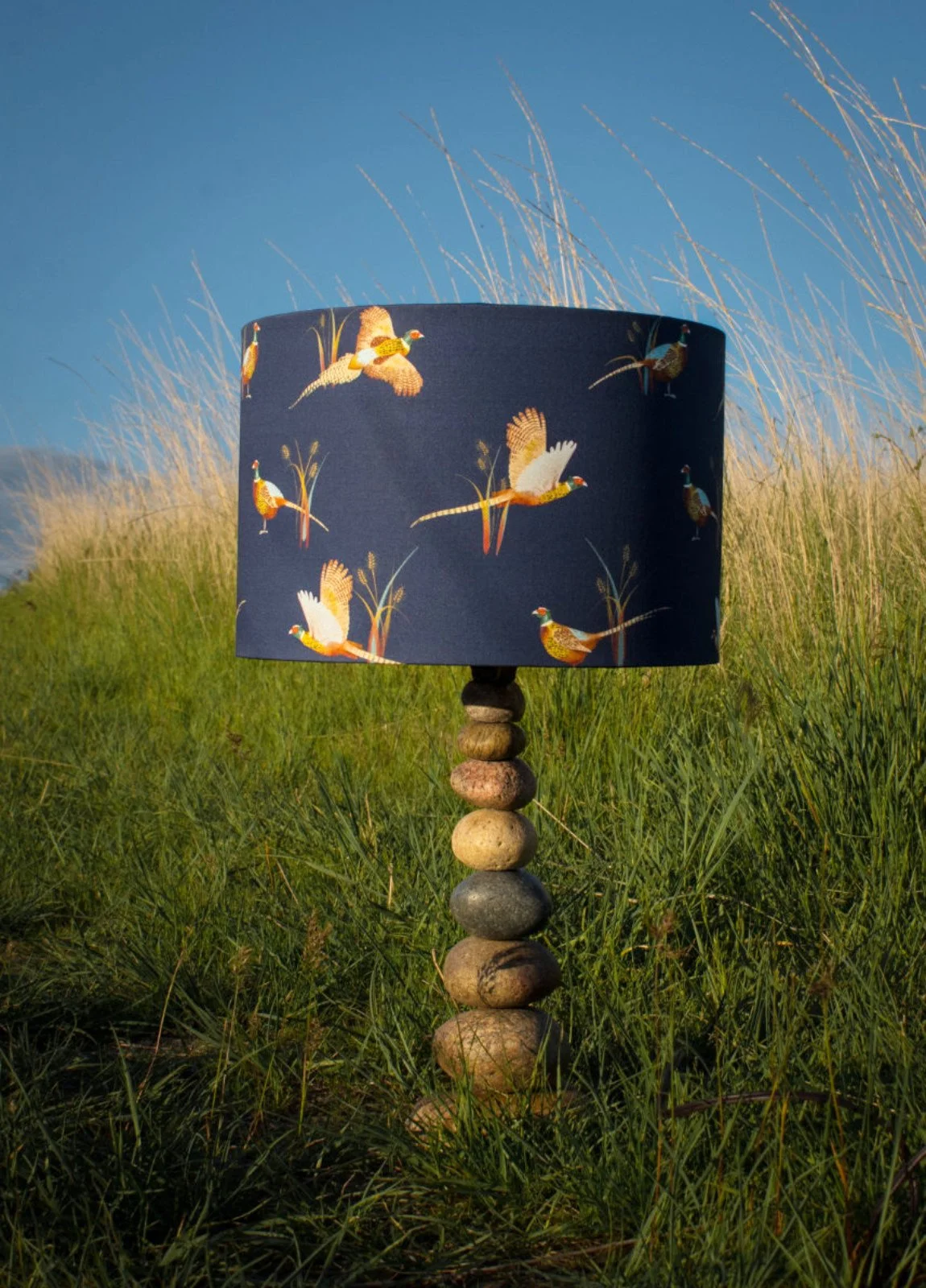 Pheasants Lamp, River Rock Base