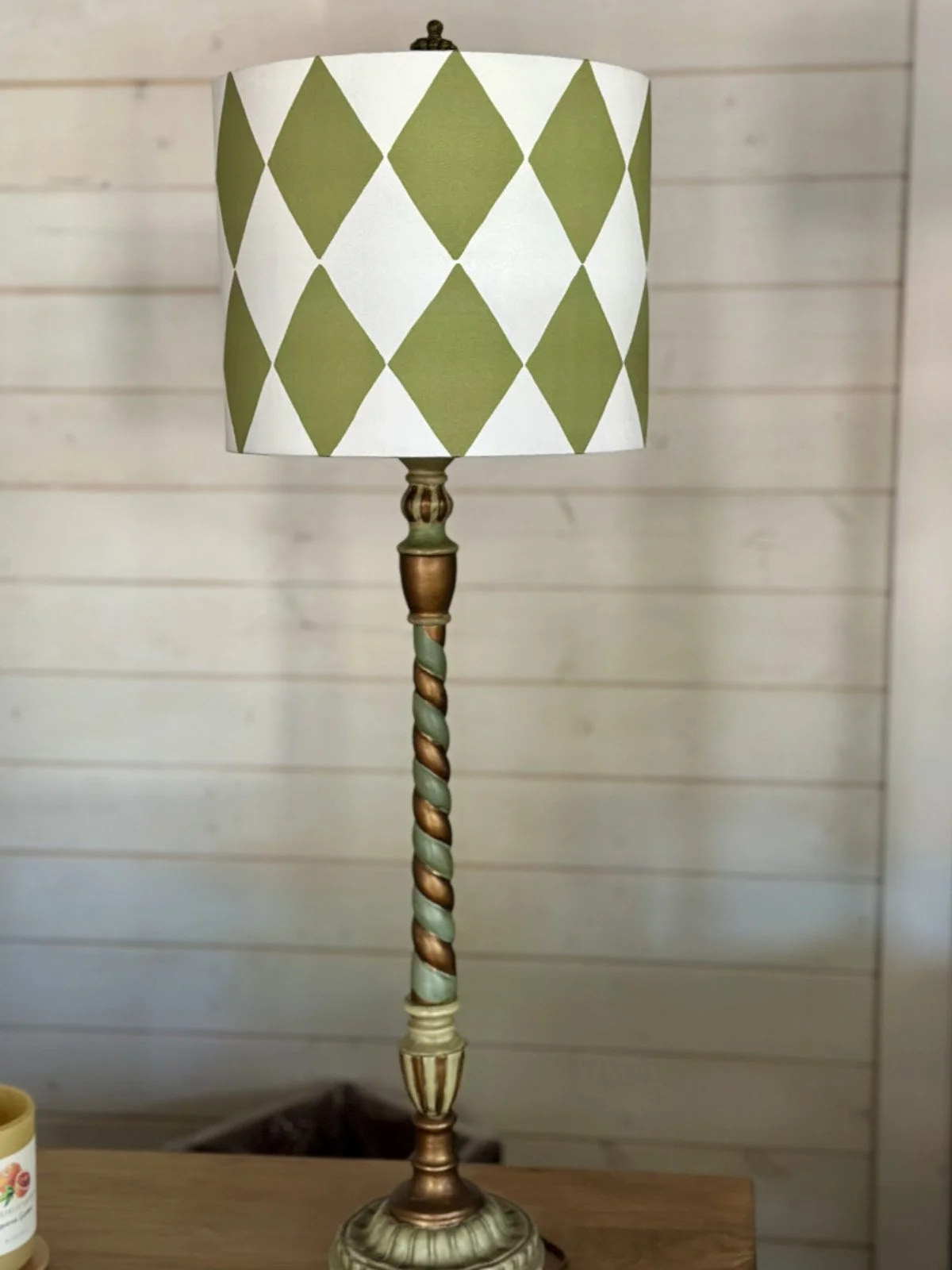 Vintage Circus Harlequin Sage on Wood Lamp, Holographic Shade