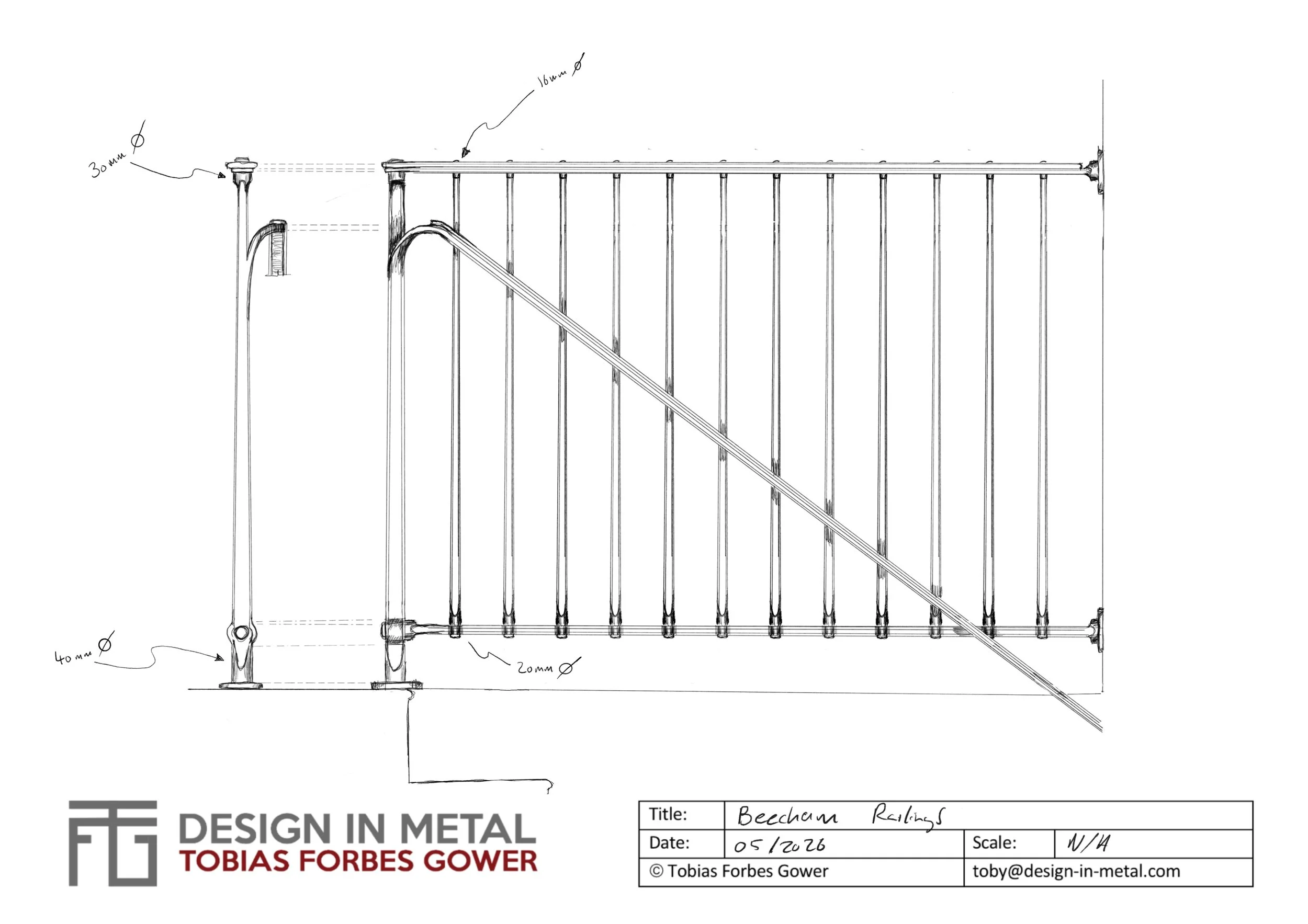 Presentation drawing for a bespoke forged steel balustrade with tapered uprights and antiqued bronze handrail