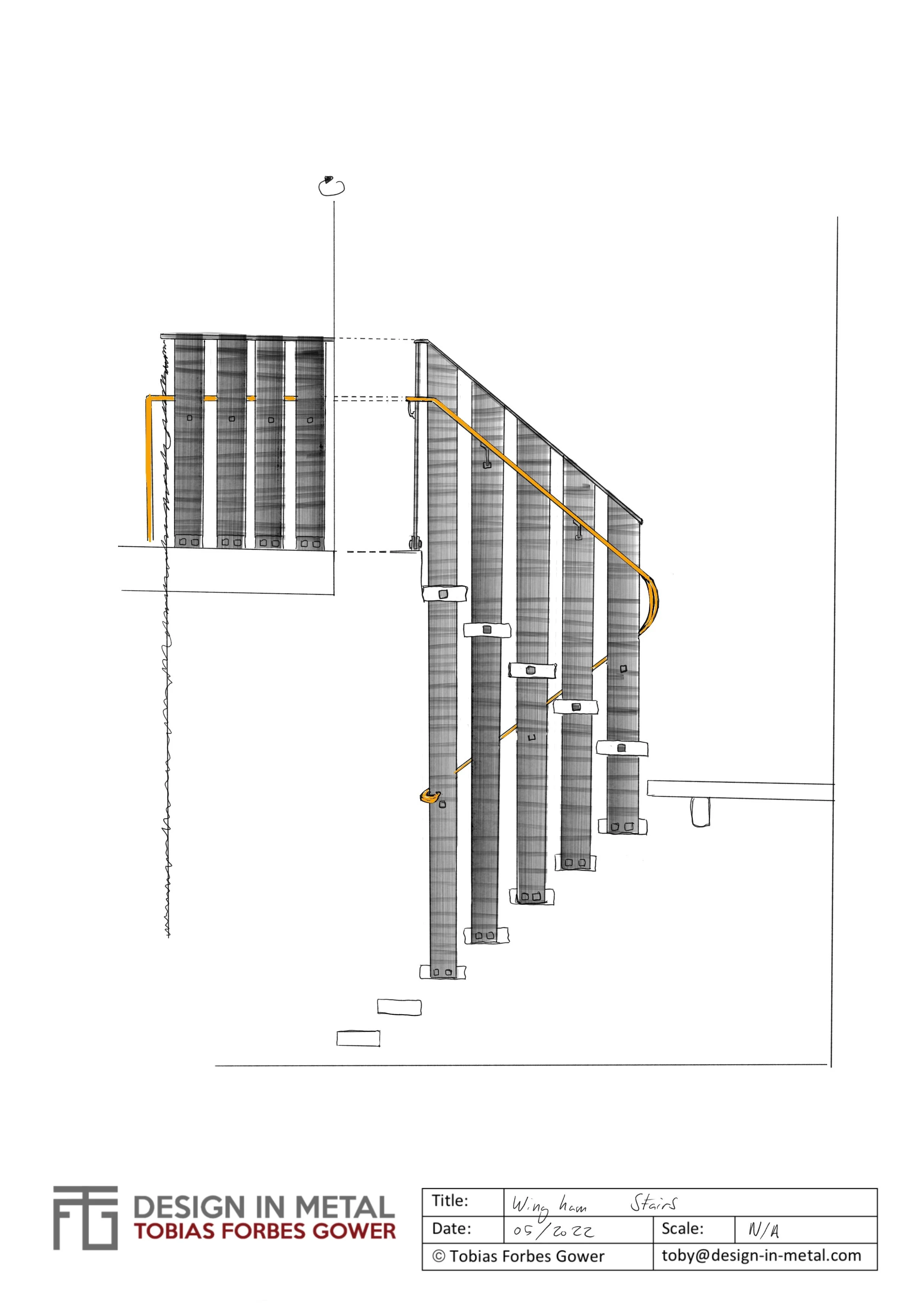 Design concept sketch for a bespoke textured steel staircase with bronze handrail