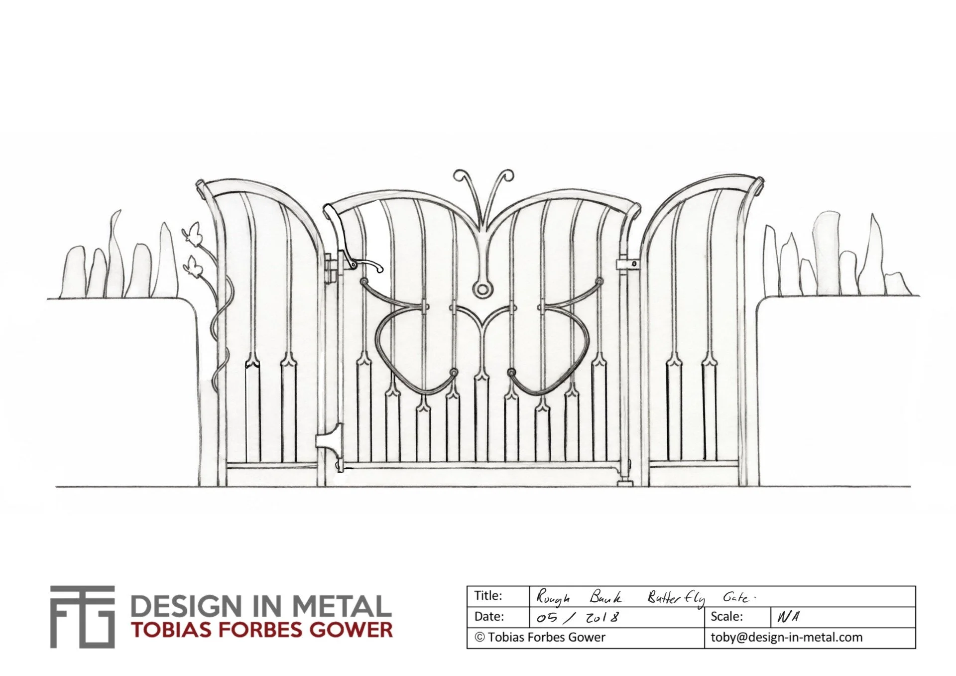 Design drawing for a bespoke hand-forged steel gate for Rough Bank Nature Reserve