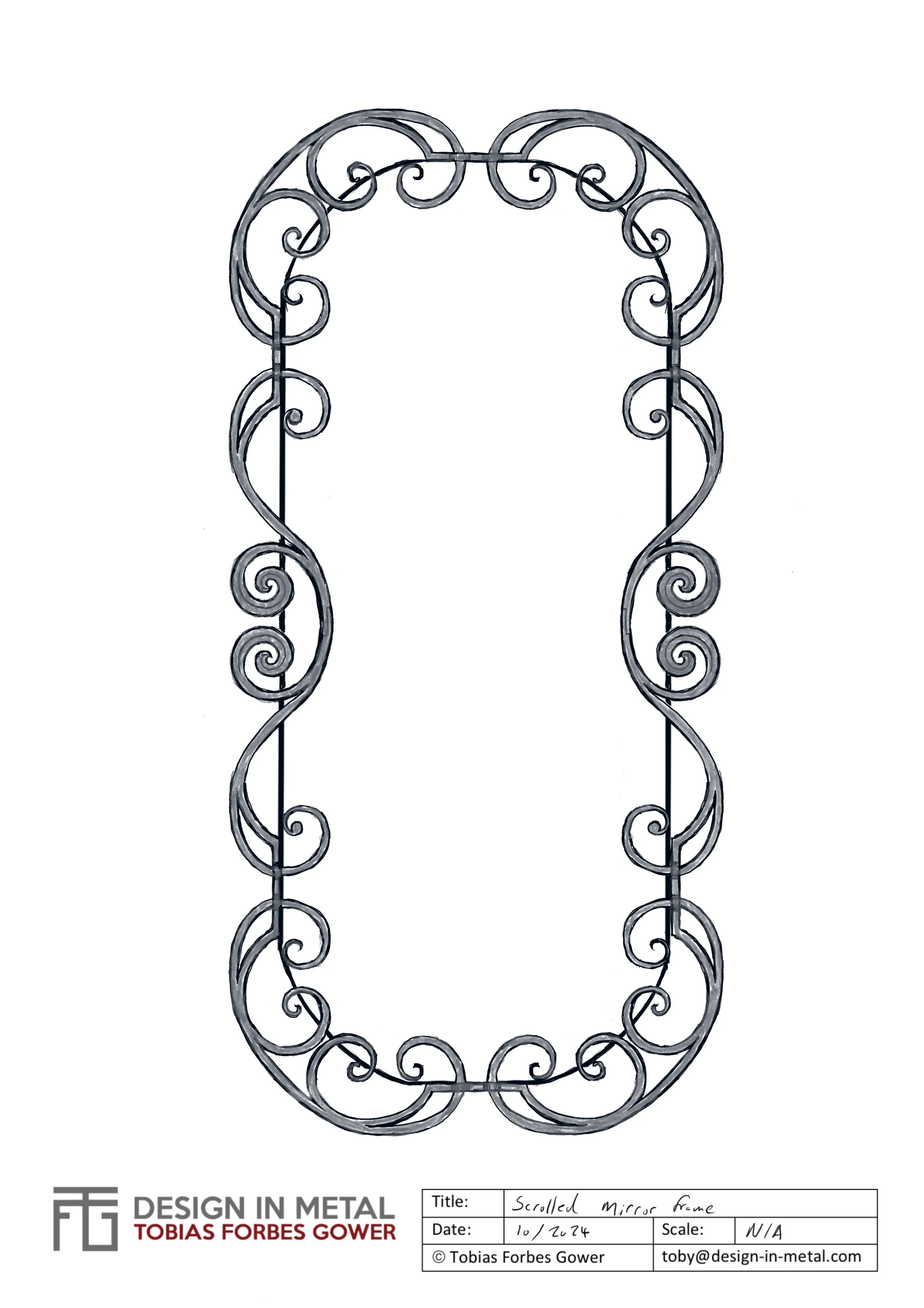 Design drawing for a bespoke hand-forged steel mirror, featuring flowing decorative scrollwork and traditional blacksmithing details, created by Design In Metal.