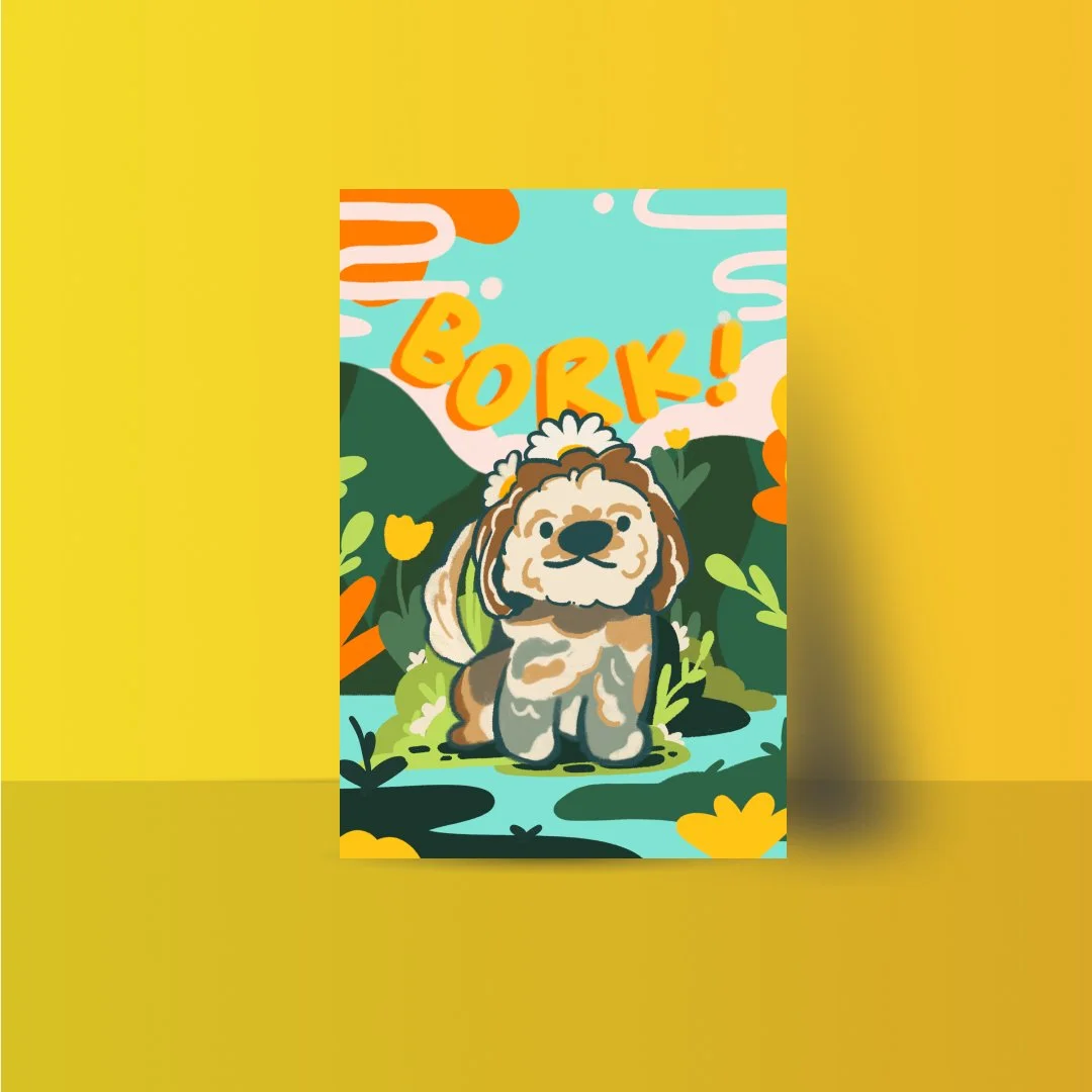 Illustrated cute dog surrounded by colorful flowers and greenery with the word "Bork!" above.