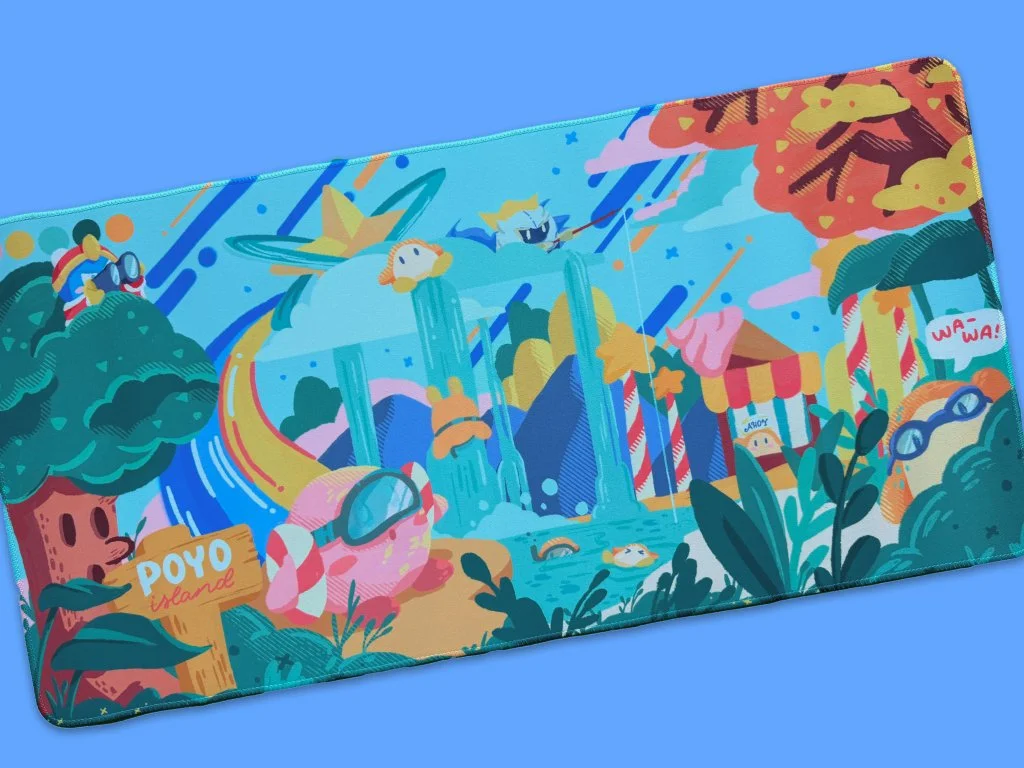 Colorful cartoon illustration of a playful water park scene with waterfalls, a pink flamingo float, a sign that says "Poyo Islande," and various aquatic and tropical elements.