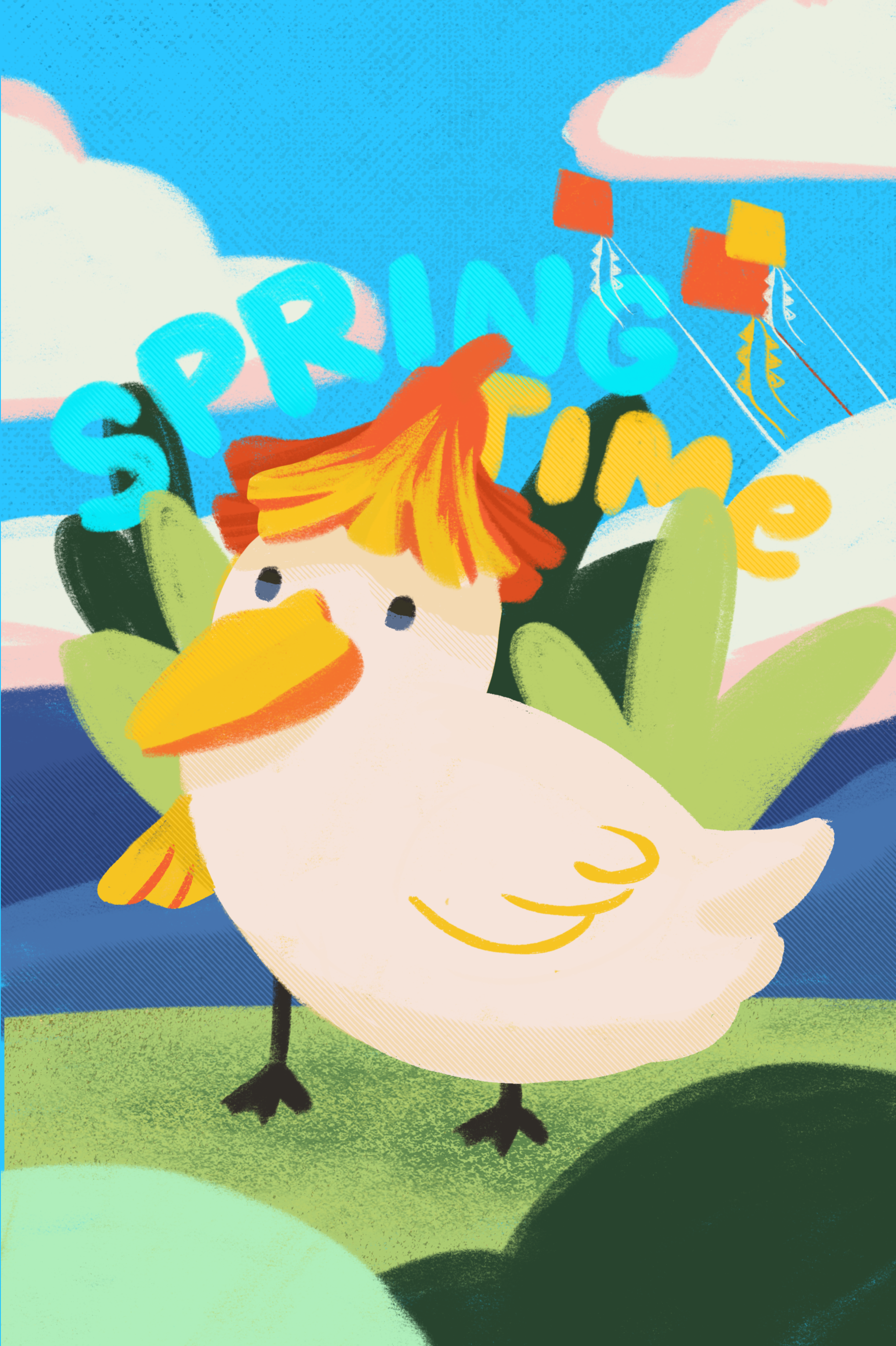 Illustration of a cartoon duck with a flower-like hat standing on grass, blue sky with clouds, kites, and the text "Spring Time" in colorful letters.