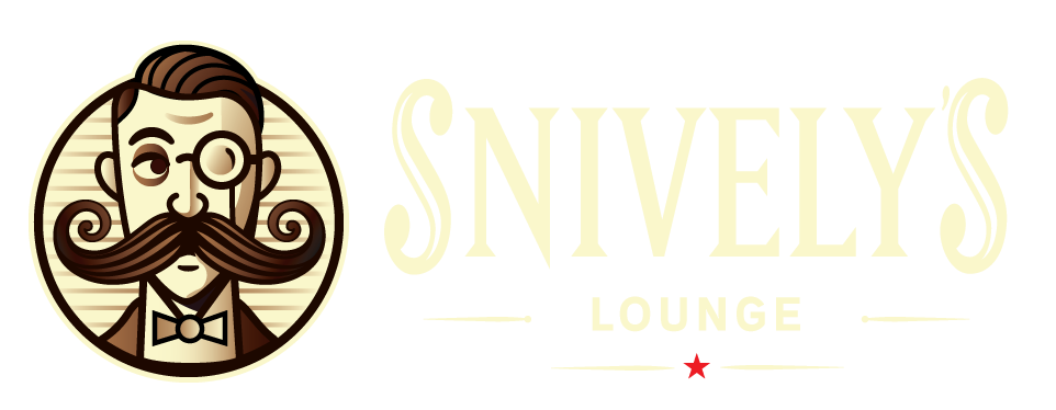 Logo of a gentleman with a mustache, bow tie, and eyepatch, with a cream background.