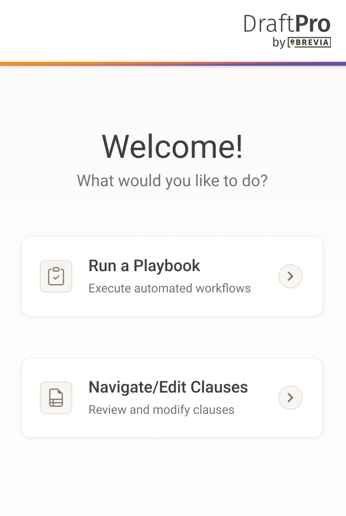 Screenshot of DraftPro software interface with options to run a playbook and navigate/edit clauses.