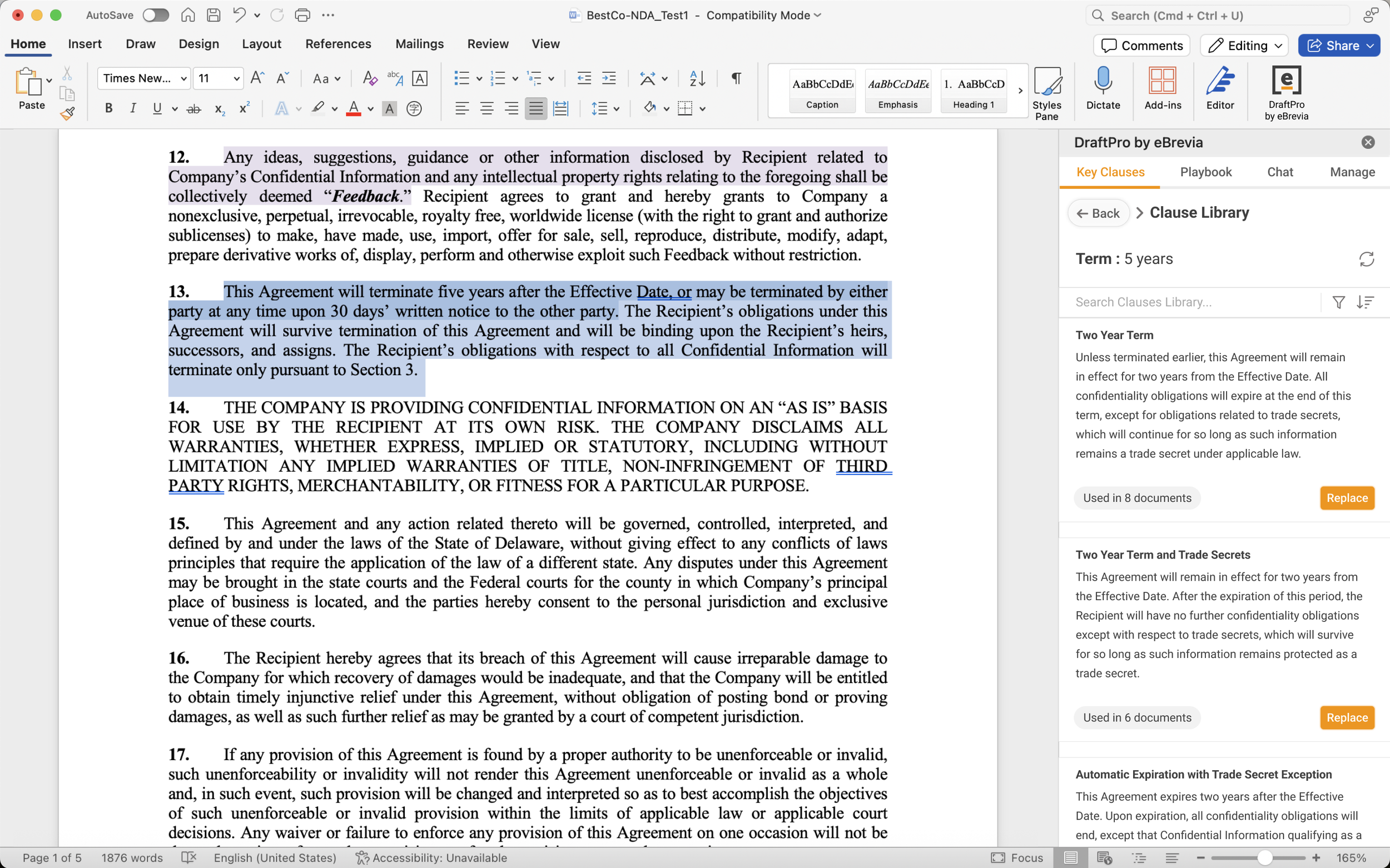 DraftPro clause library in Microsoft Word