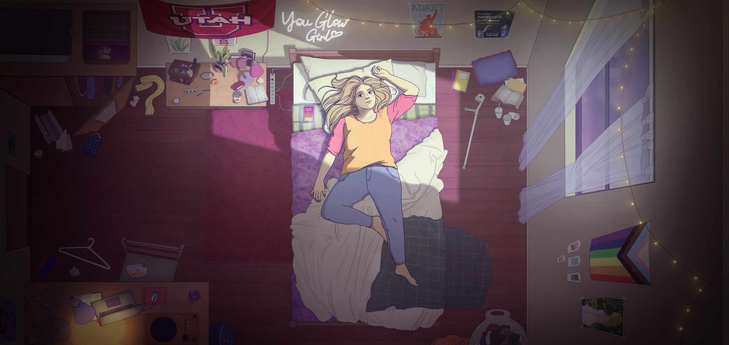 An animated still of a top down shot: a woman lays in her bed, her room messy around her.