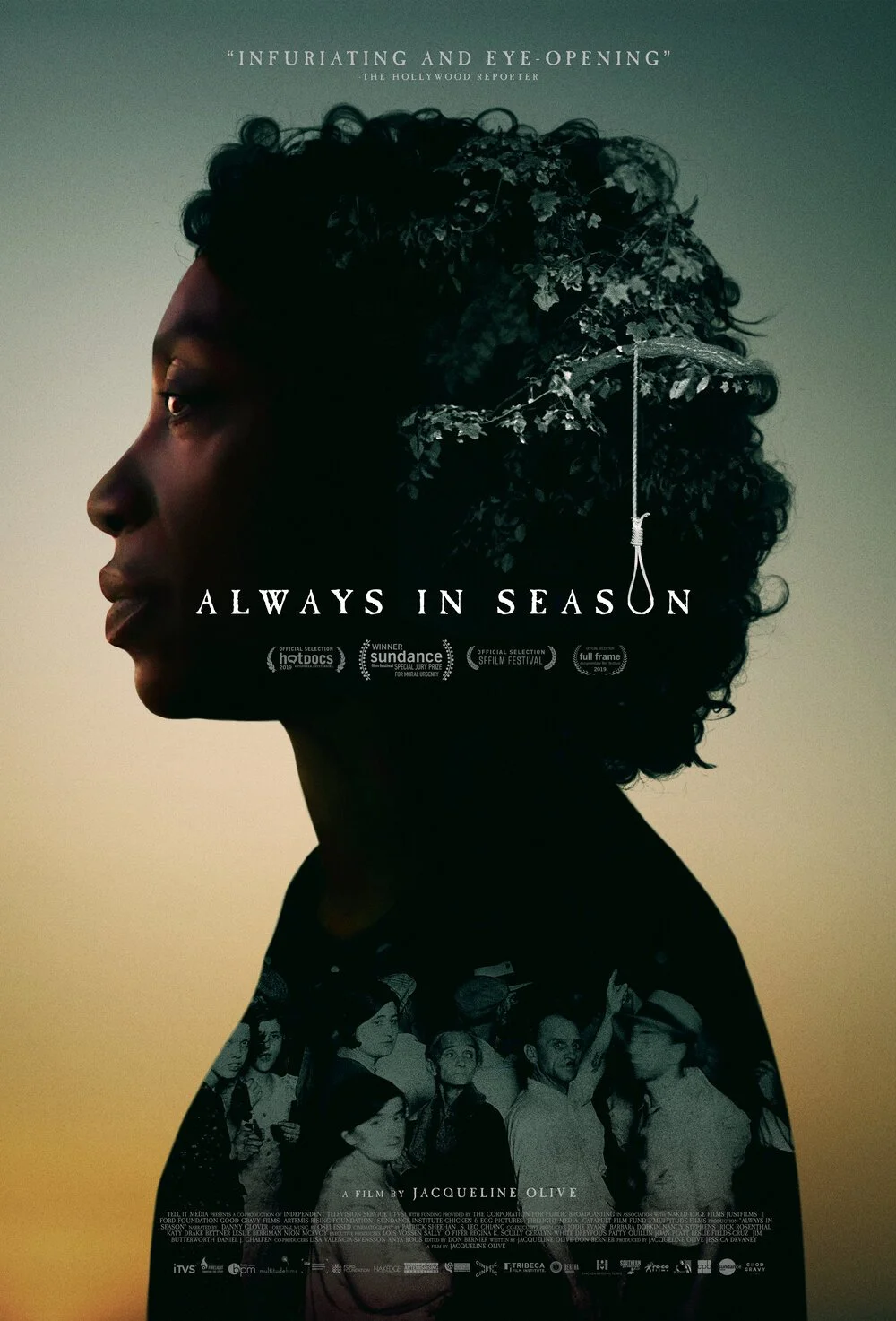 A film poster with a silhouette of a Black woman with curly hair staring to the side. A photo of a tree with a rope noose hanging from it is reflected in the back of her hair, and a photo of a group of people is reflected in her torso.