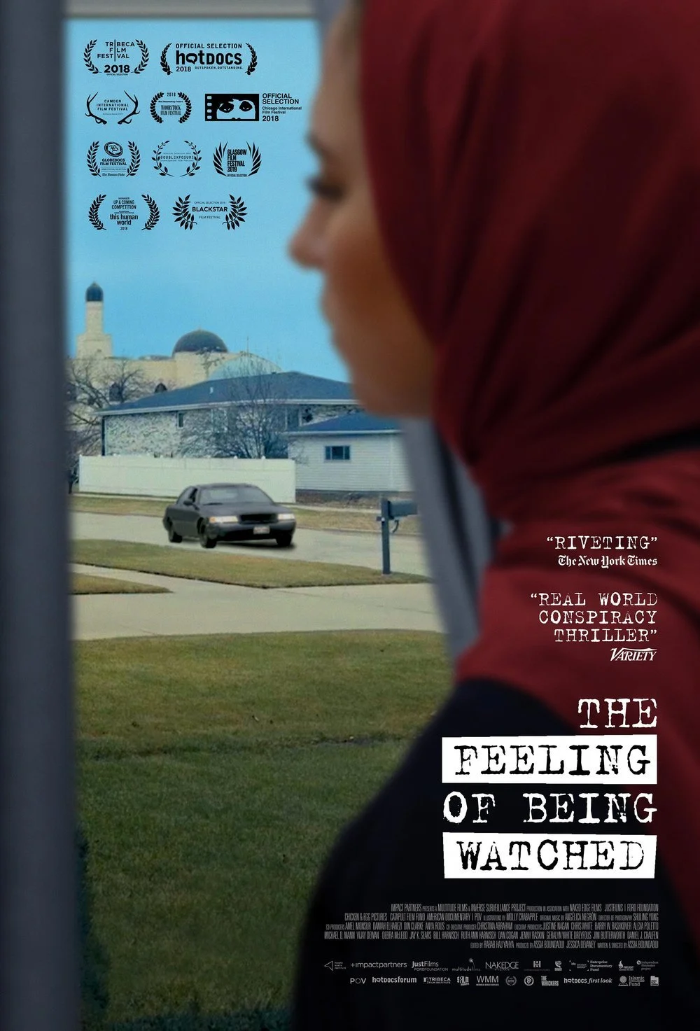 Poster shows an Arab woman in a red headscarf looking out the curtains of a window at a black car parked on the street. There is a green lawn in the foreground and house and mosque in the background.