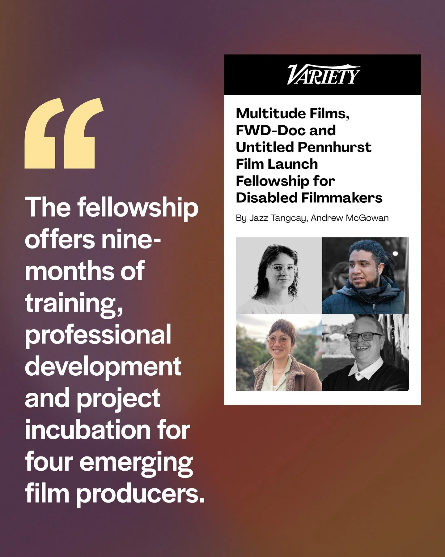 NEW PROGRAM 📢 We&rsquo;re excited to announce a new apprenticeship program for disabled nonfiction producers, in partnership with the UNTITLED PENNHURST FILM team and @fwddoc!

This nine-month program offers four disabled filmmakers with holistic pr