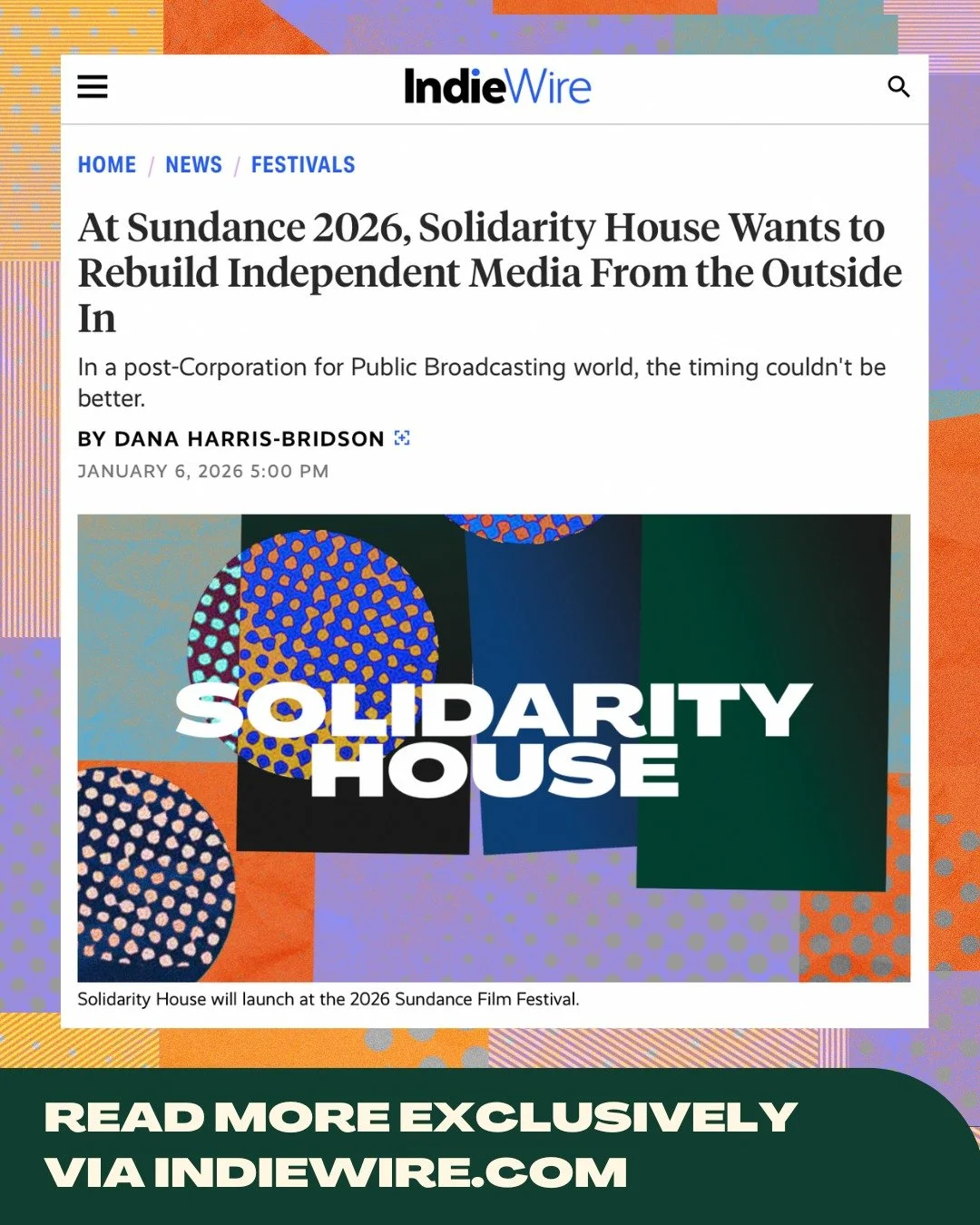 Heading to Sundance? Don't miss the launch of Solidarity House at this year's festival! 💞 ​
We're excited to support this powerful initiative of purpose-driven media organizations and leaders asking, "What does independent media need to survive