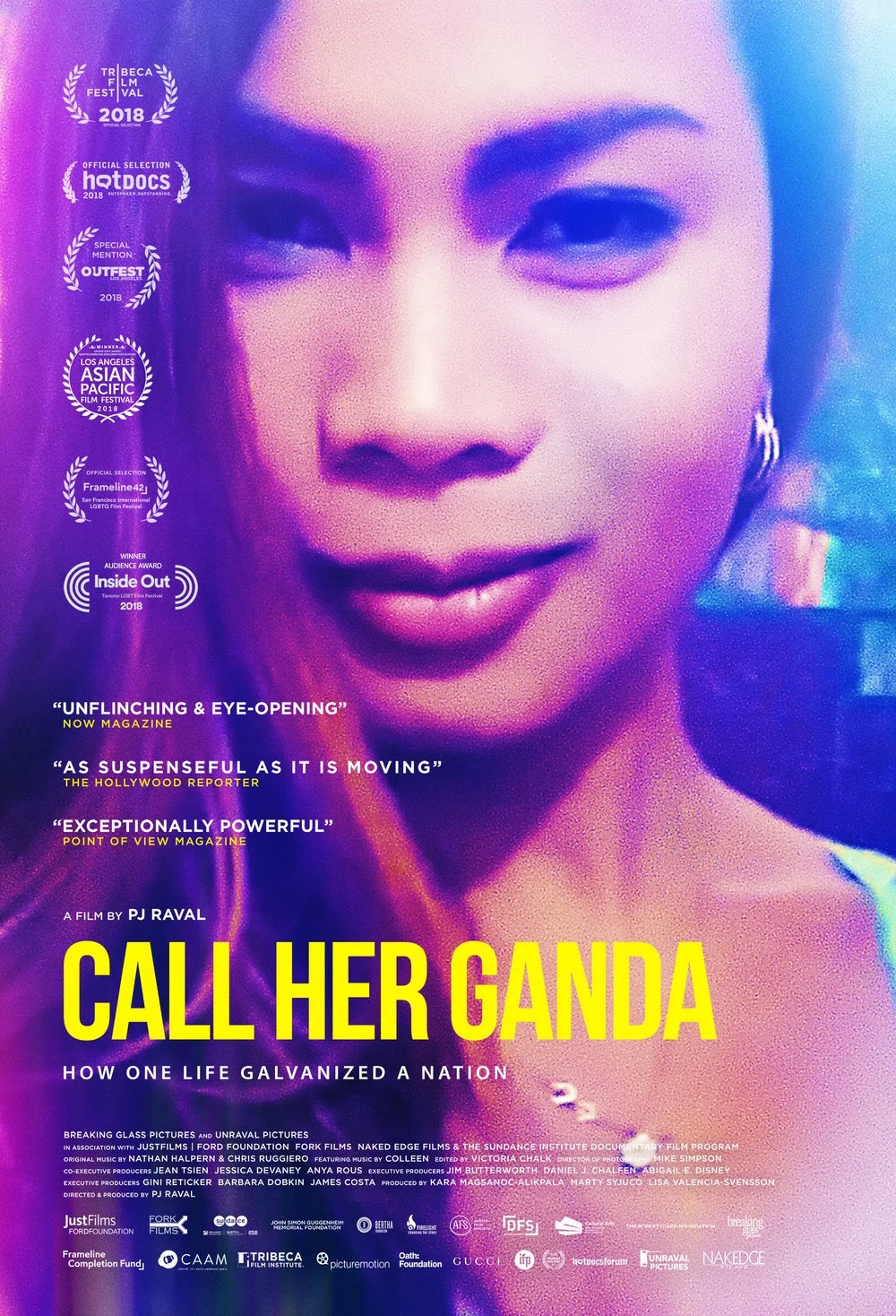 Call Her Ganda film poster has a photo of a femme Filapina person staring into the camera, with long purple hair with red streaks. She wears small silver hoop earrings and a delicate chain necklace.