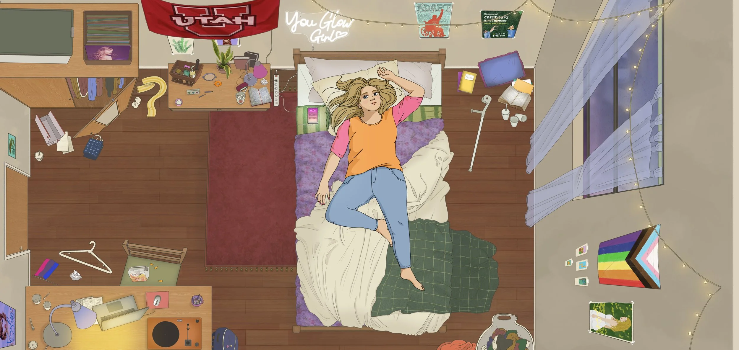 An animated still of a top down shot: a woman lays in her bed, her room messy around her.