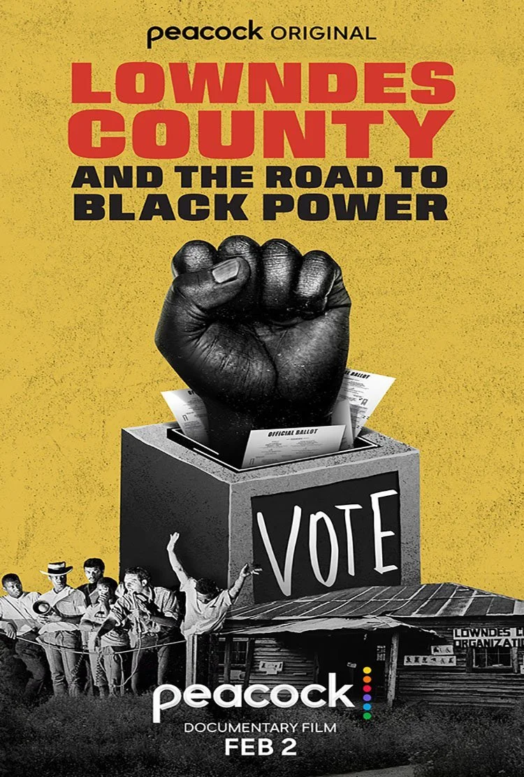 A yellow poster with red and black lettering and image of a Black fist bursting out of a gray and black box that says "Vote" in white letters. Black-and-white photographs of men speaking at a rally and a wooden building sit under the ballot box.