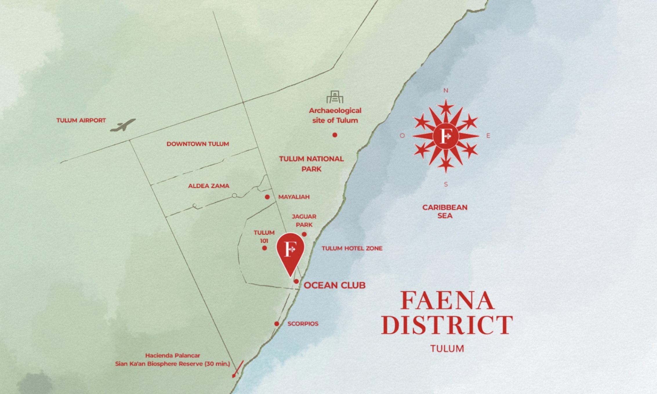 Map of Tulum district in Mexico showing locations like Tulum Airport, Tulum National Park, archaeological site, hotel zone, and Ocean Club along the coast of the Caribbean Sea.