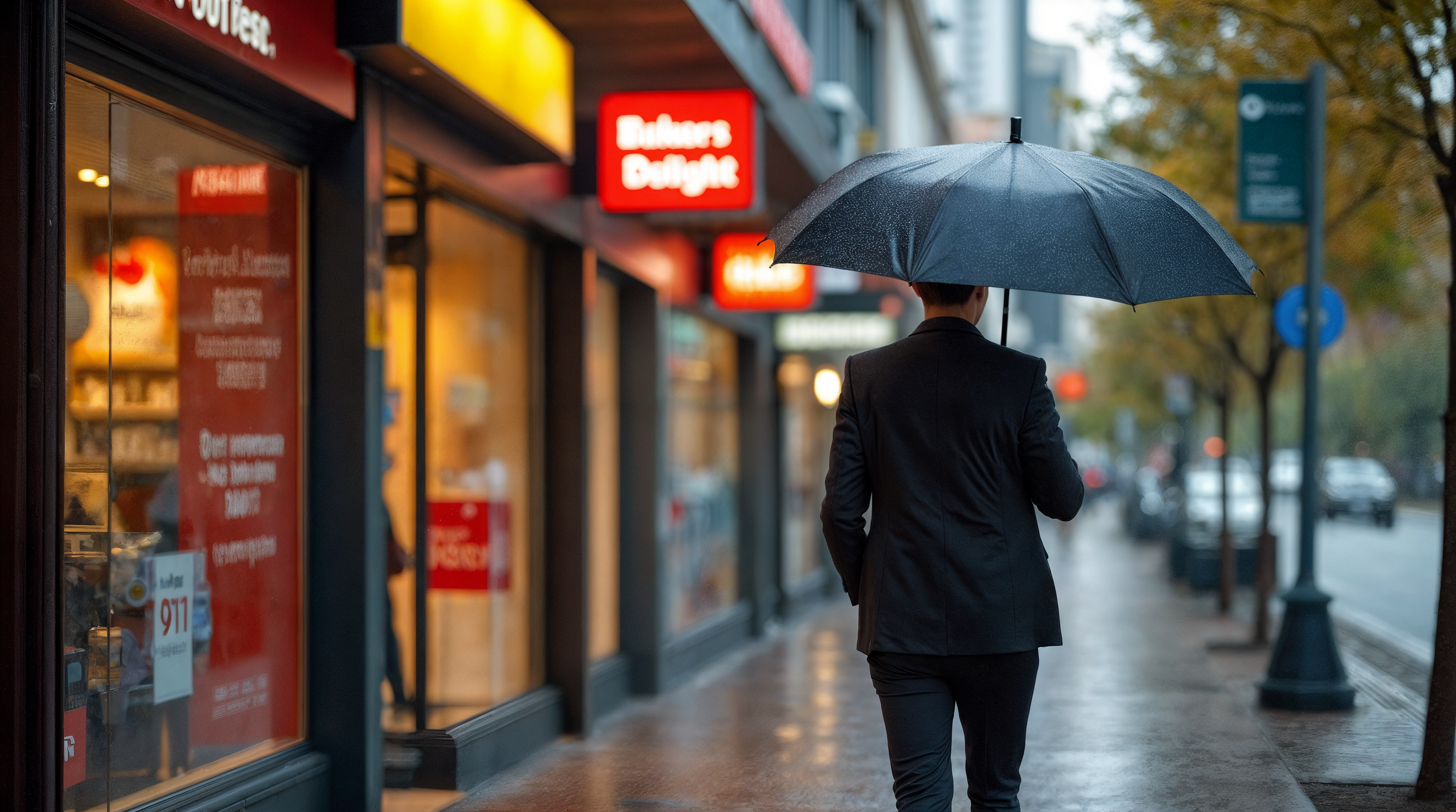 Business professional walking past well-known Australian franchise brands on a rainy day, representing the visibility and resilience of strong franchise communities in uncertain markets.