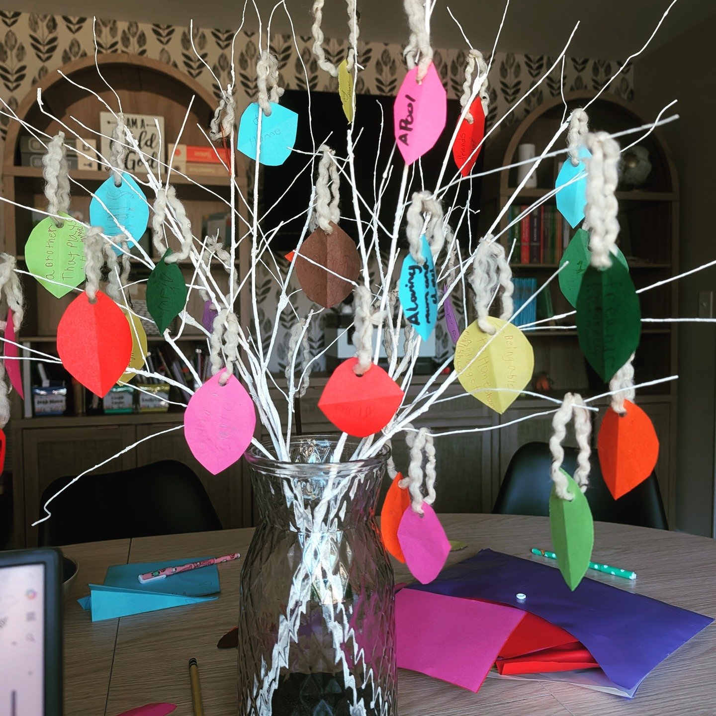 One of our family traditions is to focus on gratitude in the weeks leading up to Thanksgiving. This is our gratitude tree this year. We will read all the things we are thankful for after Thanksgiving dinner. There's a new blog post with a little more