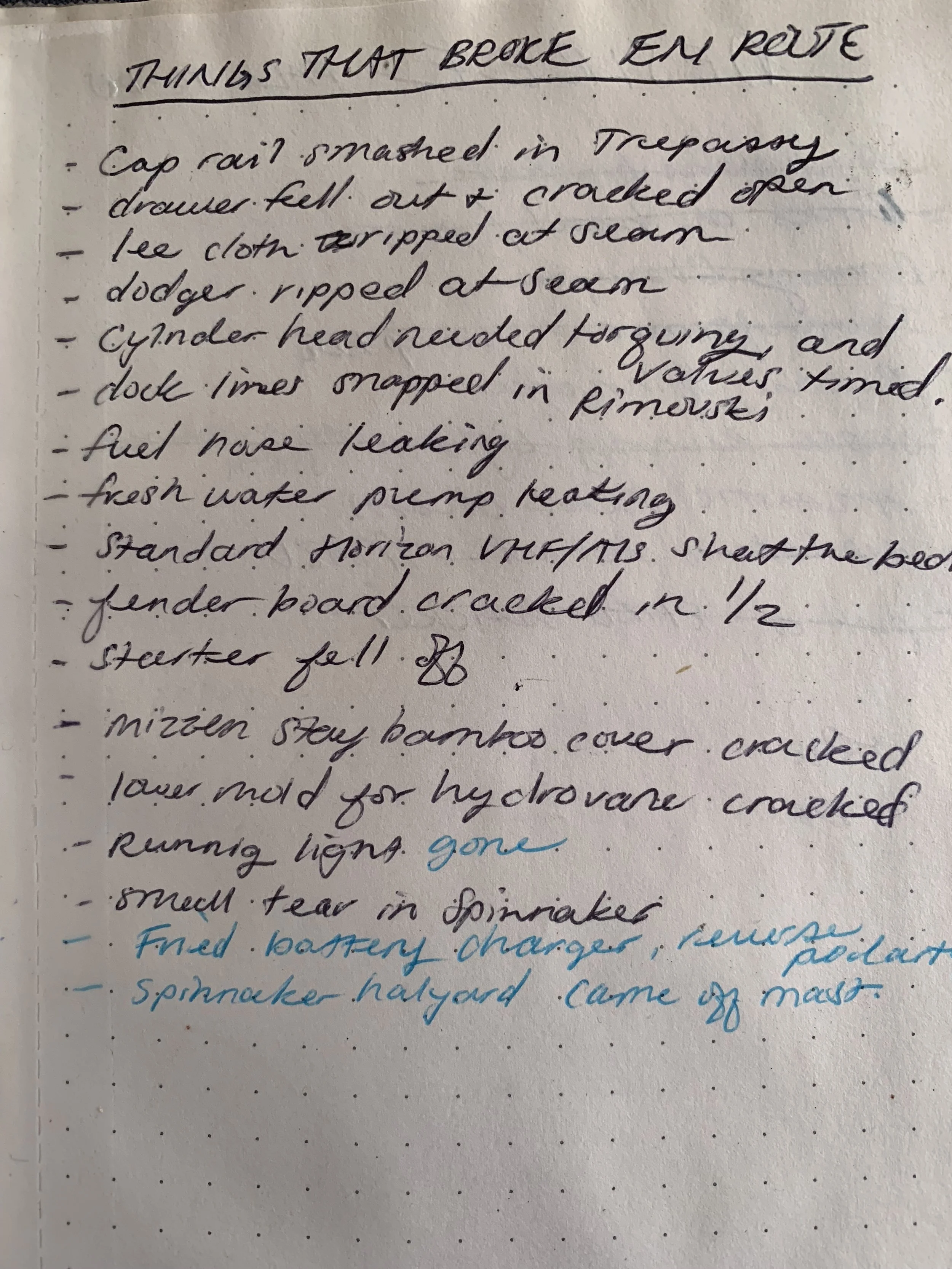 previous ocean crossing "fix list"