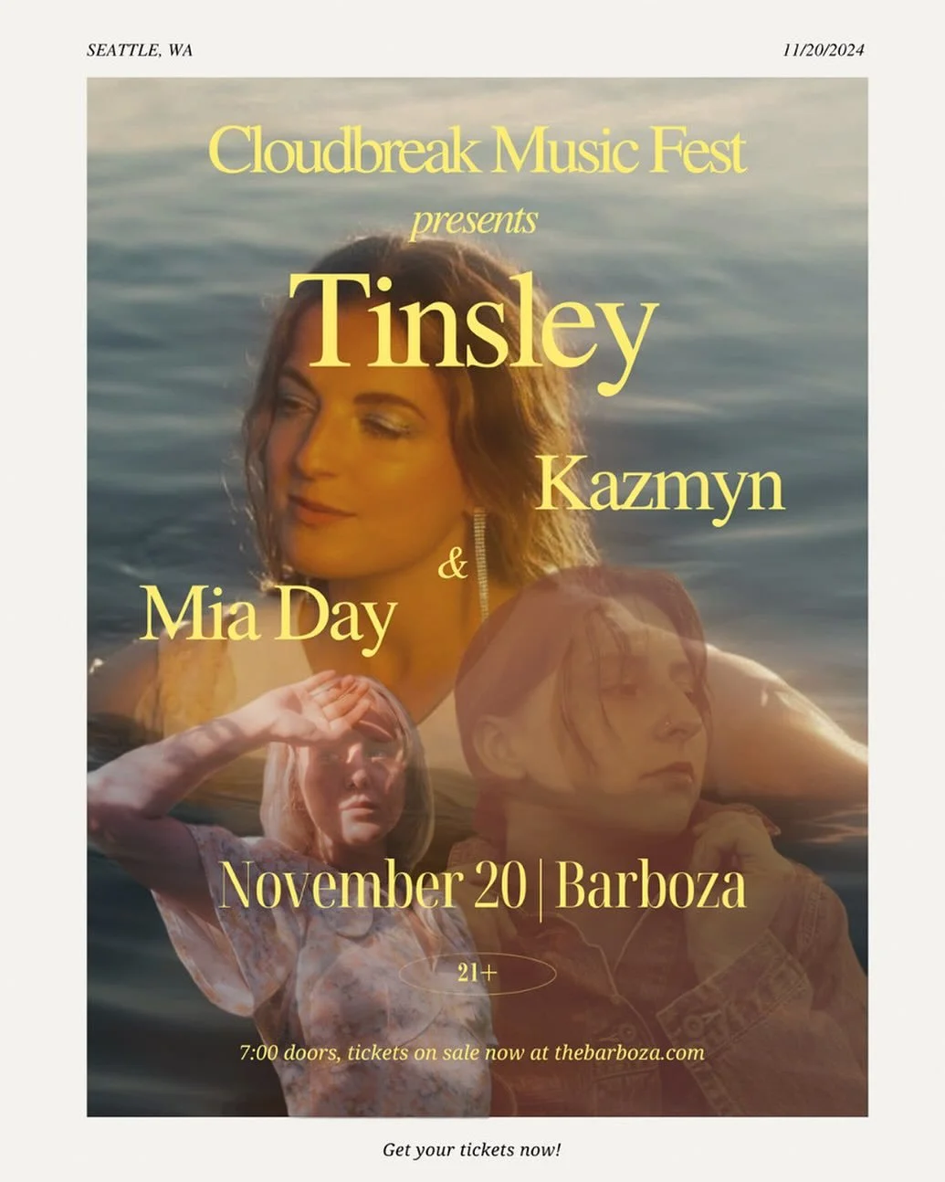11/20 BARBOZA, 7pm, 21+, $15. For CloudBreak music festival. With Kazmyn and Tinsley. I go on first. Can&rsquo;t wait to see you there 💛⭐️ ticket link in bio.