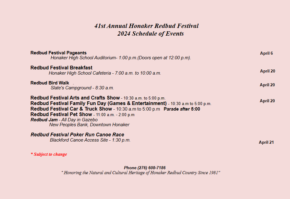 Schedule of Events — Honaker Redbud Festival