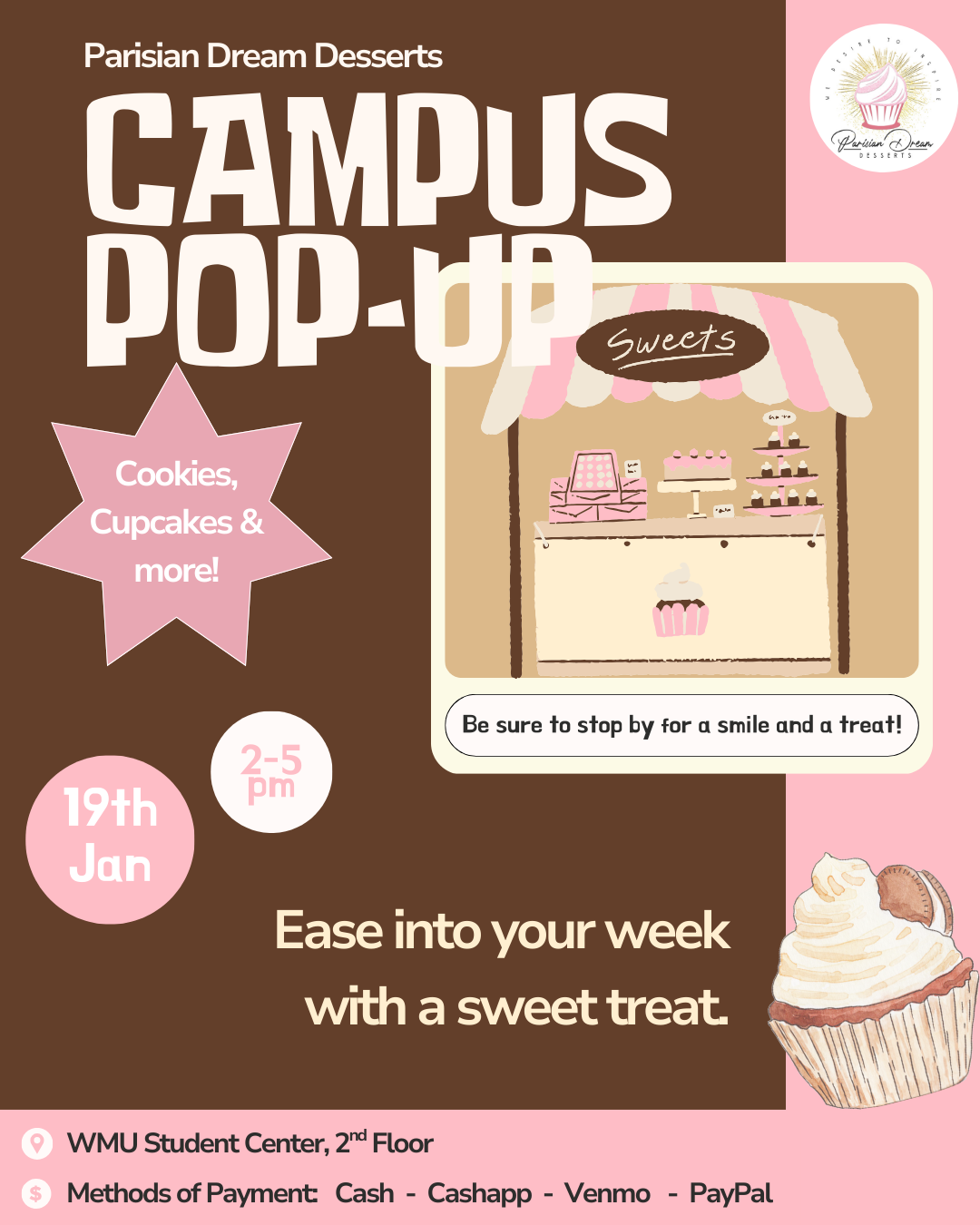 Poster for Parisian Dream Desserts' Campus Pop-Up event, featuring cute illustrations of sweets like cupcakes, cookies, and a dessert stand, with details about date, time, location, and payment methods.