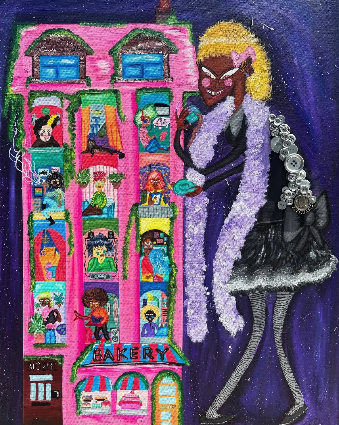 "Miss Mary Mack"
24 x 30 in.
Acrylic, Buttons, & Spray paint
08/25/25