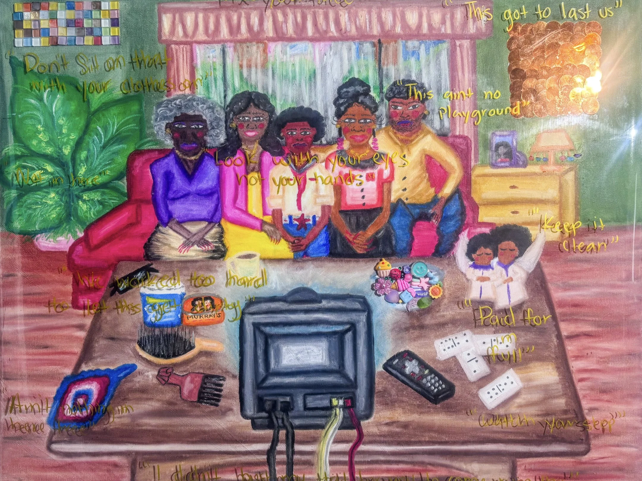 “A Witness, Not a Guest”
 24 x 30in. 
Oil pastel, Mini Tiles, Sequins, Charms, Clear Vinyl, and Heavy-Duty Staples
 07/13/26