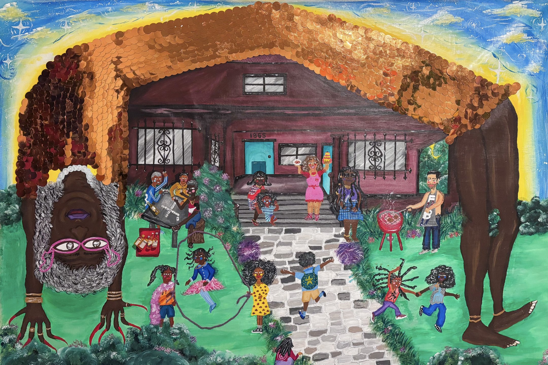 "Dont Sell Grandmas House”
50 X 35 in.
Arcylic, Yarn, Sequins, & Charms
04/03/26