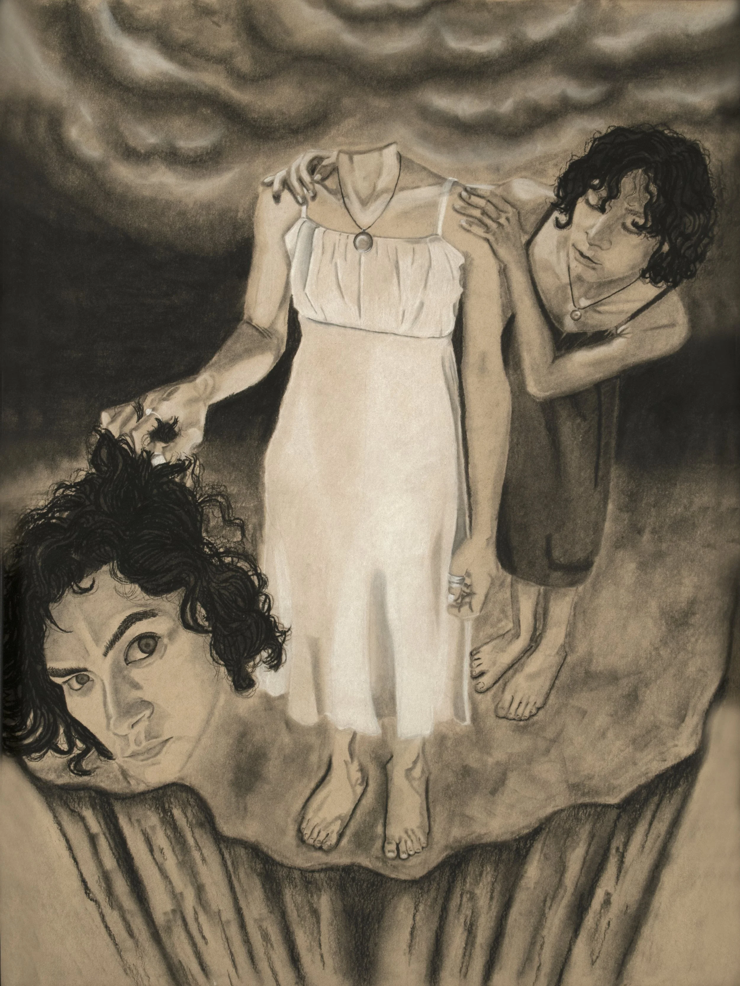 Self-Preservation, Charcoal on toned paper, 24" X 18", 2022