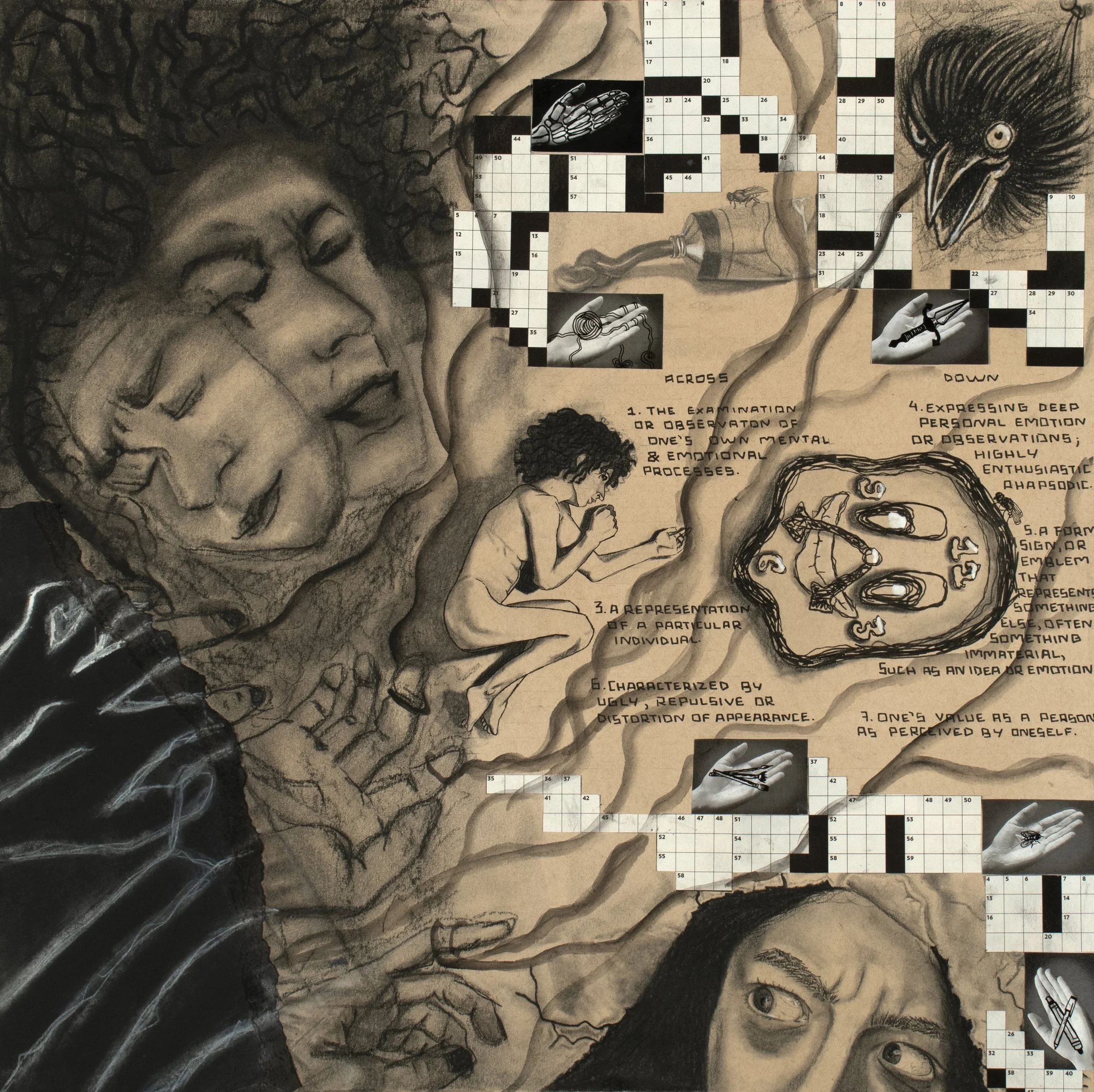 In the Midst of Myself, Charcoal, collage, and watercolor on toned paper, 2023