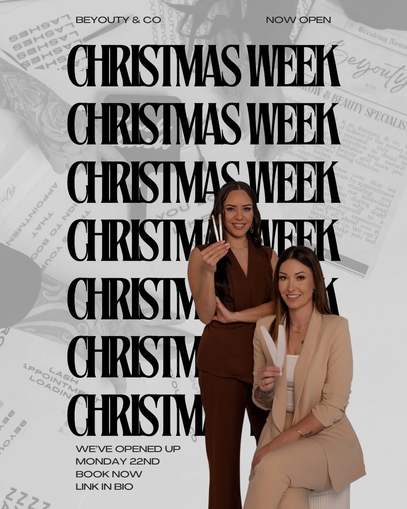 🎄✨ Christmas Week Availability! ✨🎄
We&rsquo;ve opened up Monday the 22nd for all your last-minute glam before Christmas! ❤️

If you need to reschedule, please do this directly through your confirmation email &mdash; we may not be able to reply fast