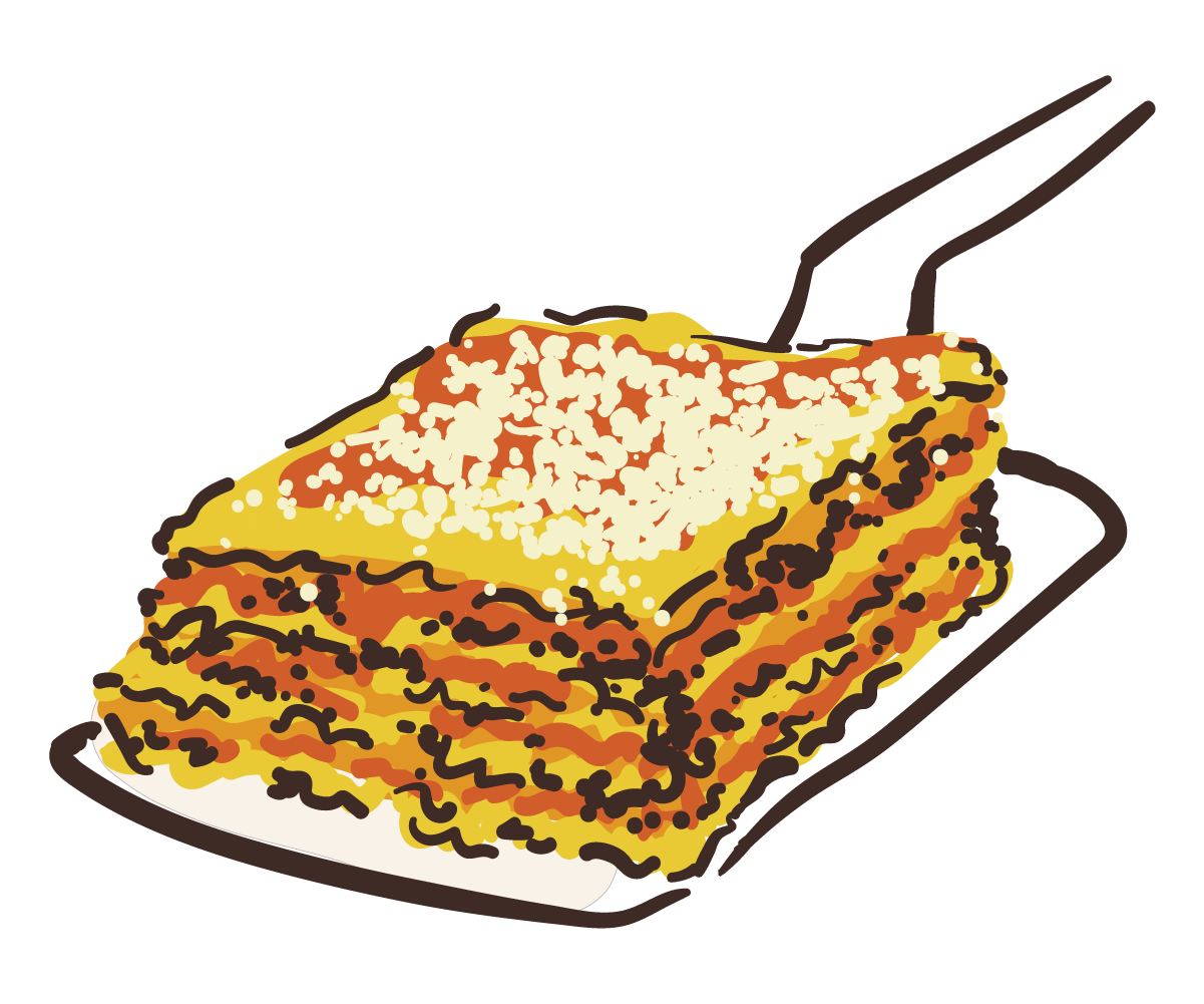 A digital illustration of a slice of lasagna with layers of pasta, meat sauce, and cheese, topped with grated cheese on a white plate.