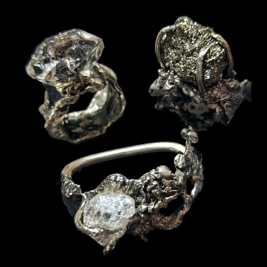 HERKIMER RING, PYRITE RING AND HERKIMER DOUBLE RING. ALL STERLING SILVER MADE BY YOURS TRULY START TO FINISH.
.
.
.
.
.
.
.
.
.
#rickowens #jewellery #pyrite #sterlingsilverjewelry #contemporaryjewellery #artisan #metalsmith #anndemeulemeester #bruta
