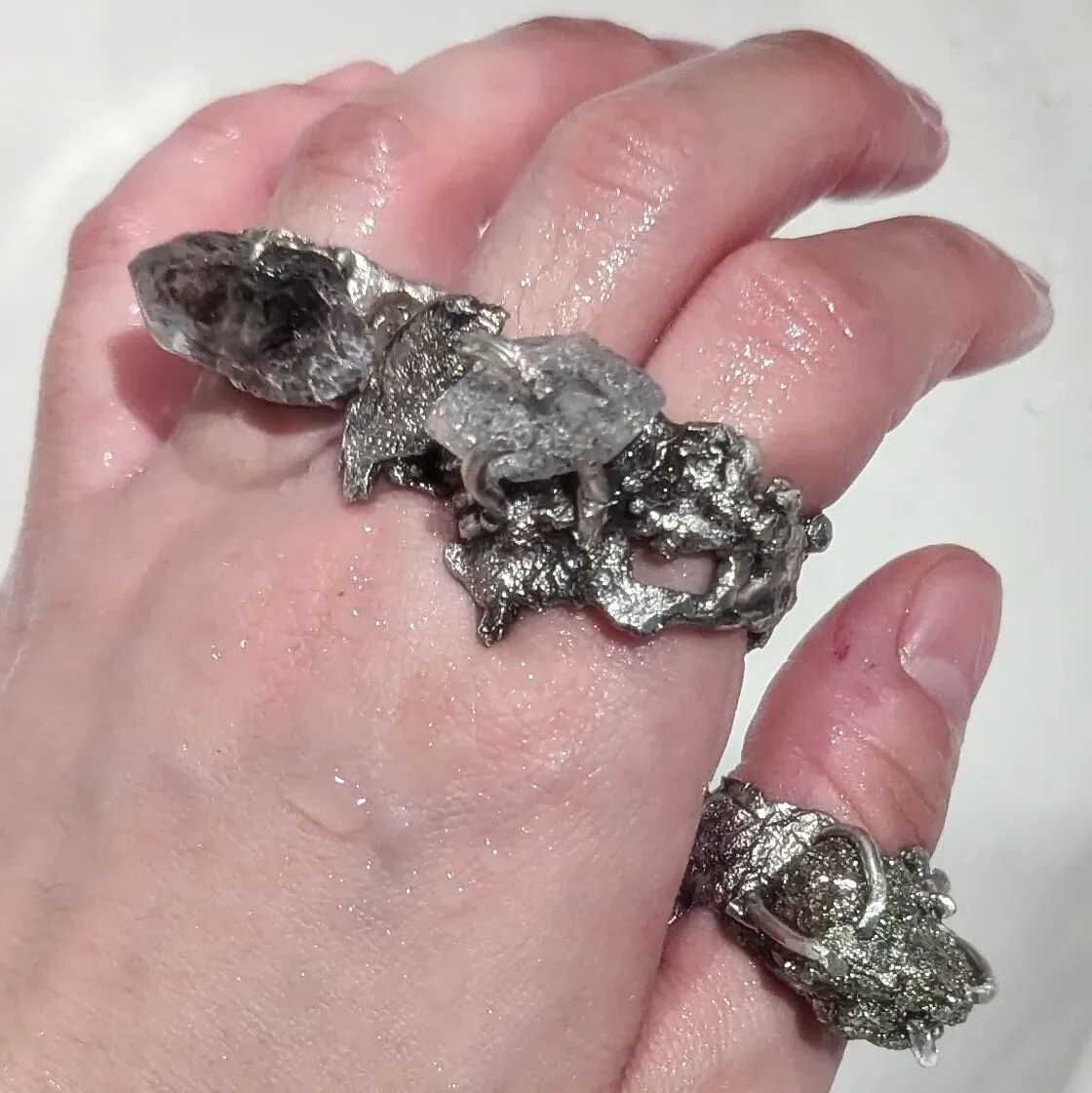 MOLTEN STERLING SILVER WITH
HERKIMER &amp; PYRITE. 
HANDMADE START TO FINISH BY YOURS TRULY. 
[3 ACCIDENTS]
.
.
.
THE BEST/WORST THING ABOUT WHAT I MAKE IS THAT NOONE CAN REPLICATE A PIECE. I CAN'T EVEN REPLICATE MY OWN RINGS. THE MELTING PROCESS AND