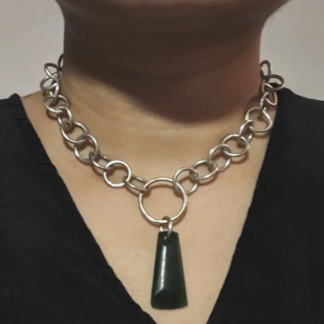 CHOKER WITH A POUNAMU TOKI PENDANT. 
CHOKER WAS MADE BY ME BUT I PURCHASED THE PENDANT FOR MY FRIEND WHO IS MAORI AND ADDED TO THE CHOKER. POUNAMU IS A CULTURALLY IMPORTANT STONE FOR THE MAORI PEOPLE. I SPENT A PART OF MY CHILDHOOD IN NEW ZEALAND AND