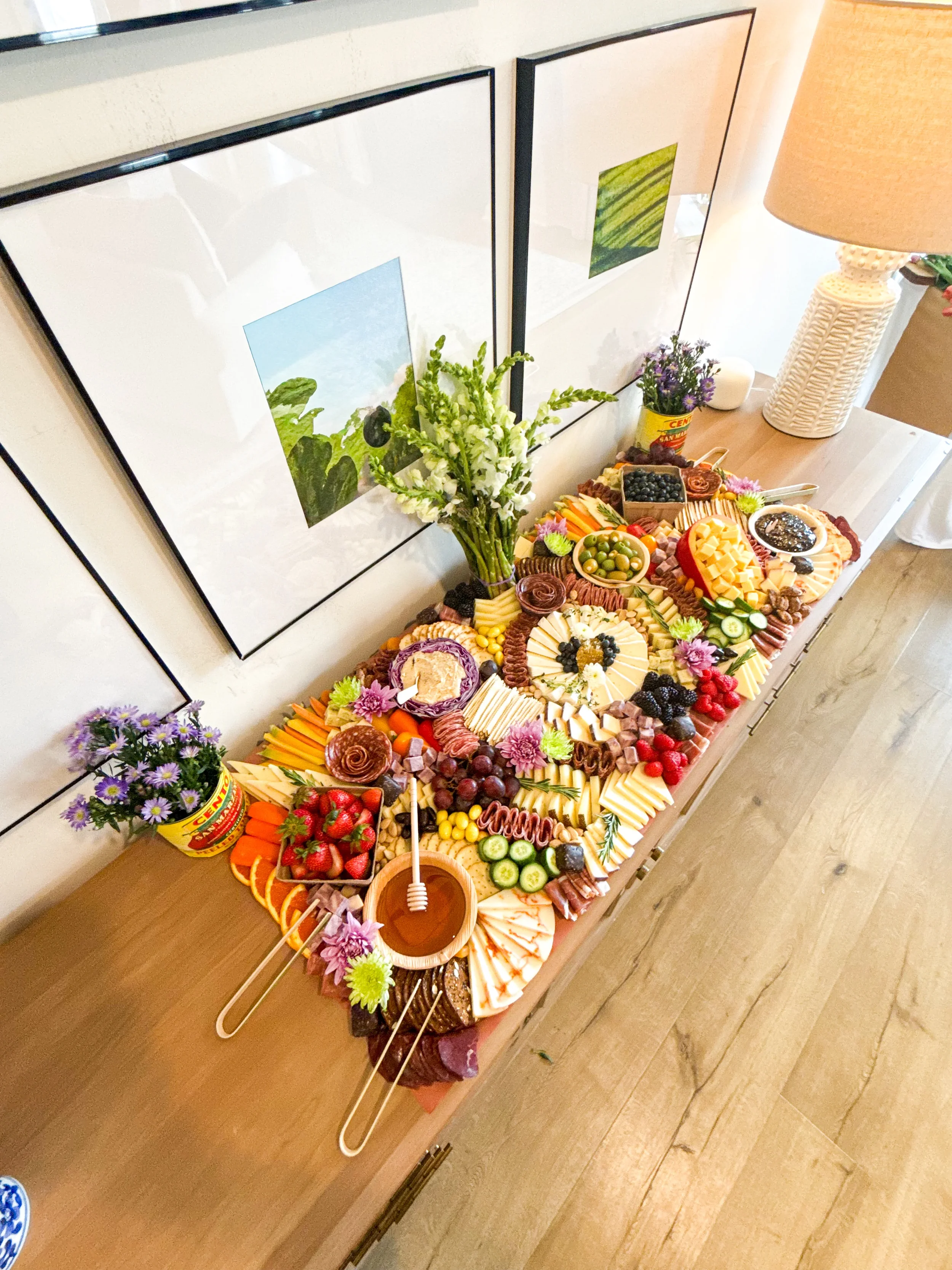 35 person Locally Grown themed flat lay charcuterie grazing table