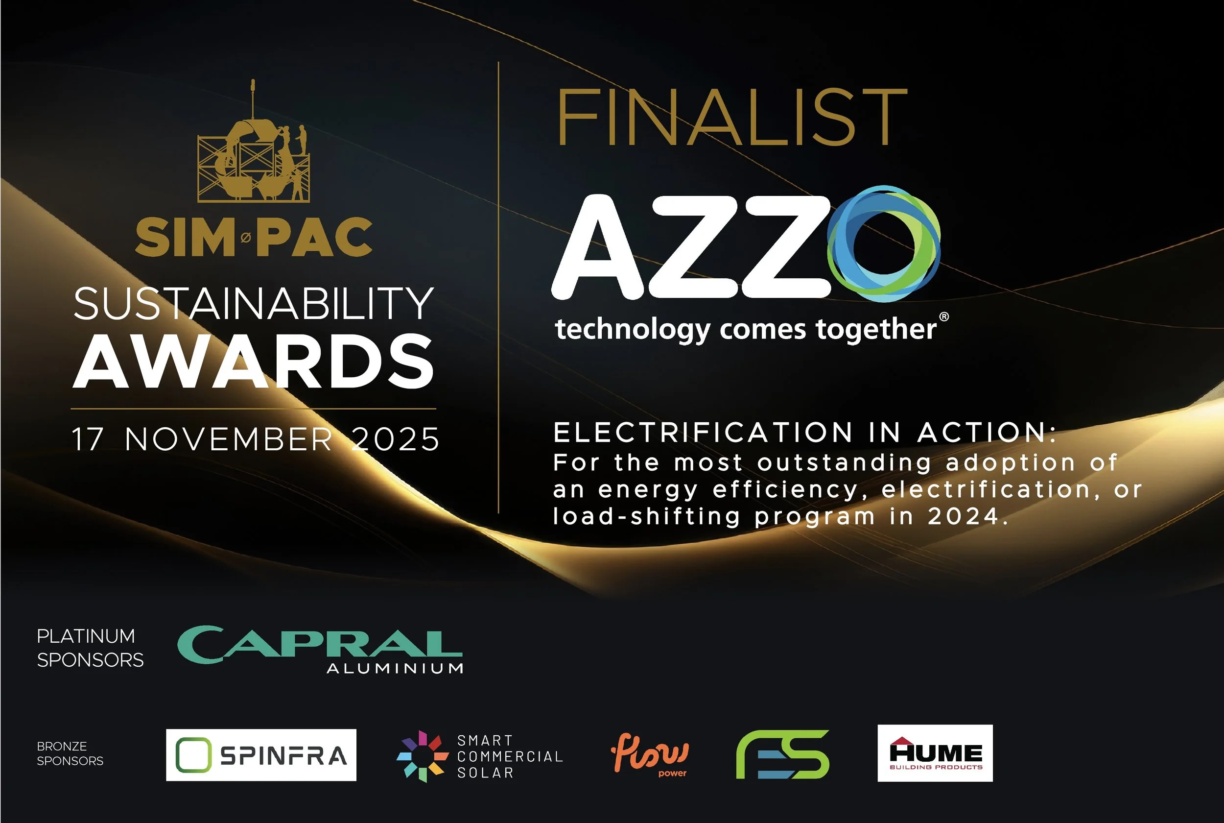 We are delighted to announce AZZO as a Finalist in the Electrification in Action Award at the 2025 SIM-PAC Live Sustainability Awards.
Through its EnergyX® Platform, AZZO is redefining how industry, transport, and civic infrastructure are powered —