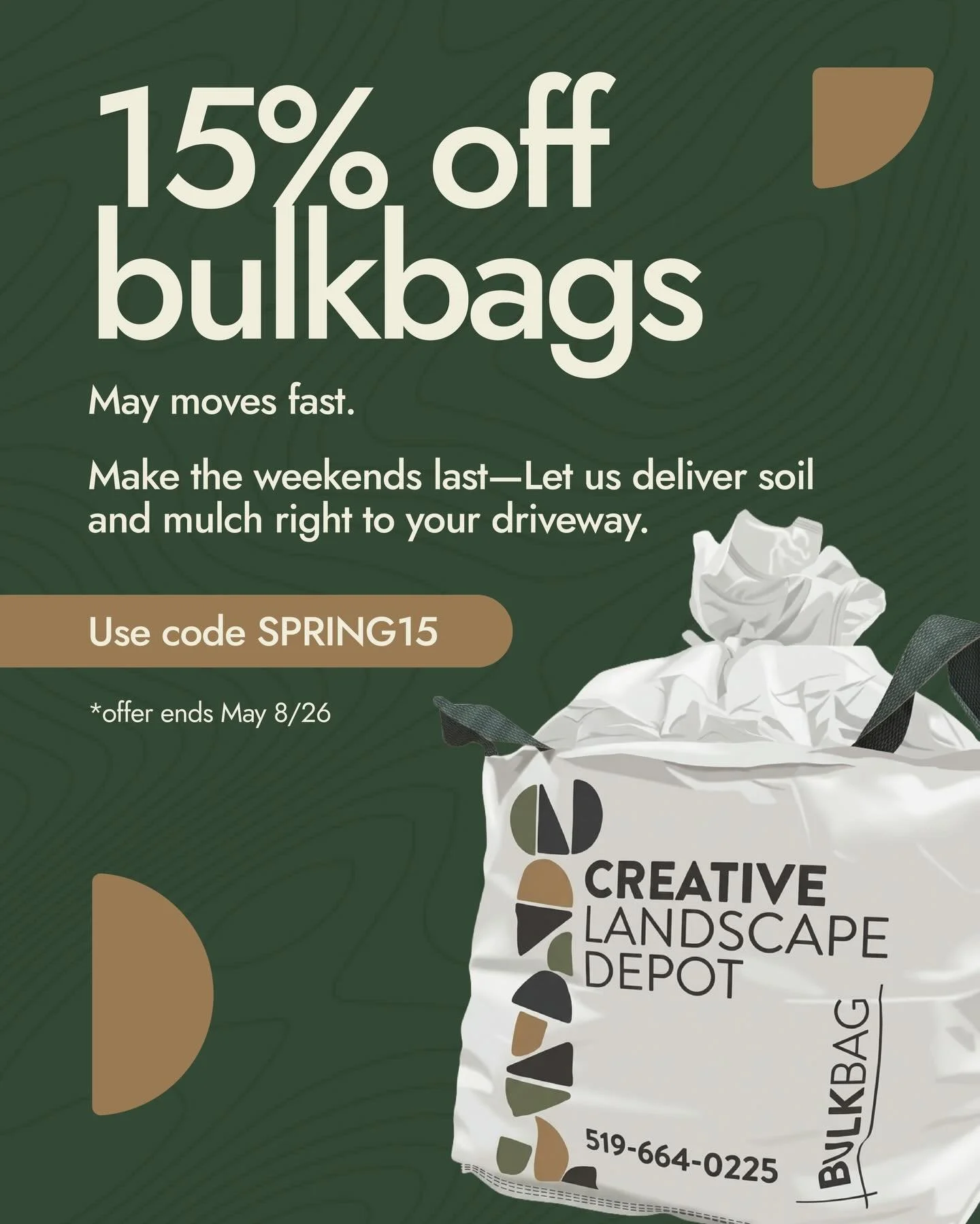 May moves fast✌🏽
&mdash;
Make the weekends last, let us deliver your soil and mulch right to your driveway. Use the code SPRING15 for 15% off Bulk Bags.

Details
-Bulk Bags are 1 cubic yard
-Promo is for soil and mulch only
-Delivery is included wit