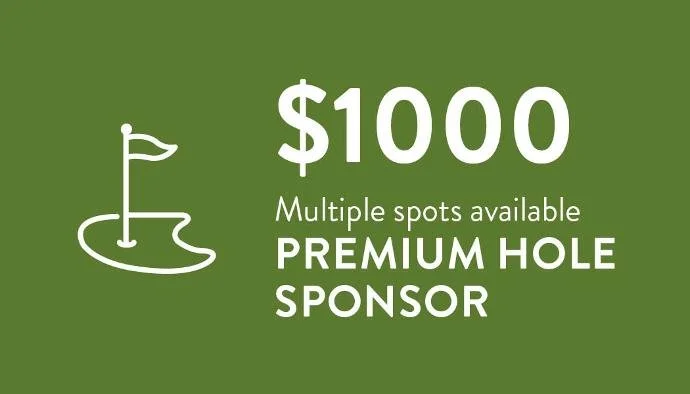 Green advertisement offering a $1000 sponsorship for premium hole sponsorship at a golf course, with a simple golf hole icon on the left.