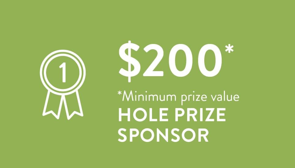 Green background with a white medal icon on the left, displaying the number 1. To the right, large text shows a prize amount of $200, with smaller text below indicating it is a minimum prize value for a hole prize sponsor.