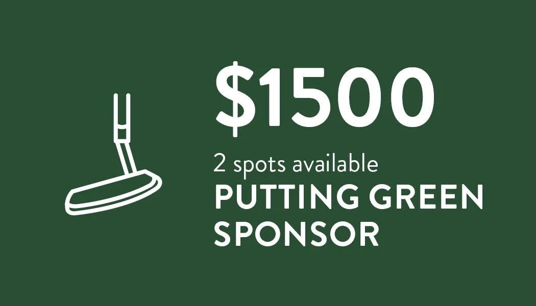 Golf sponsorship sign with a putting green logo, advertising $1500 for 2 sponsorship spots.