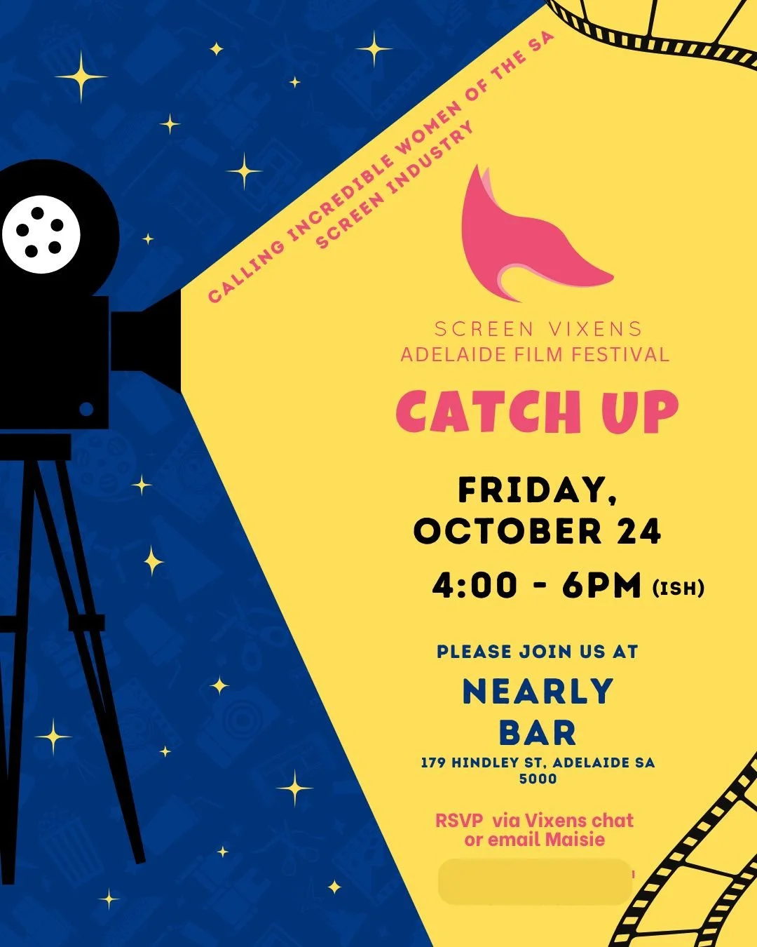 SCREEN VIXENS ADELAIDE FILM FESTIVAL CATCH UP⁠
⁠
To all Vixens attending @adlfilmfest or local to SA - please join us for drinks tonight; Friday 24th October!⁠
⁠
Huge thanks to our V @maisiefabry for organising and hosting.⁠
⁠
All welcome, feel free 
