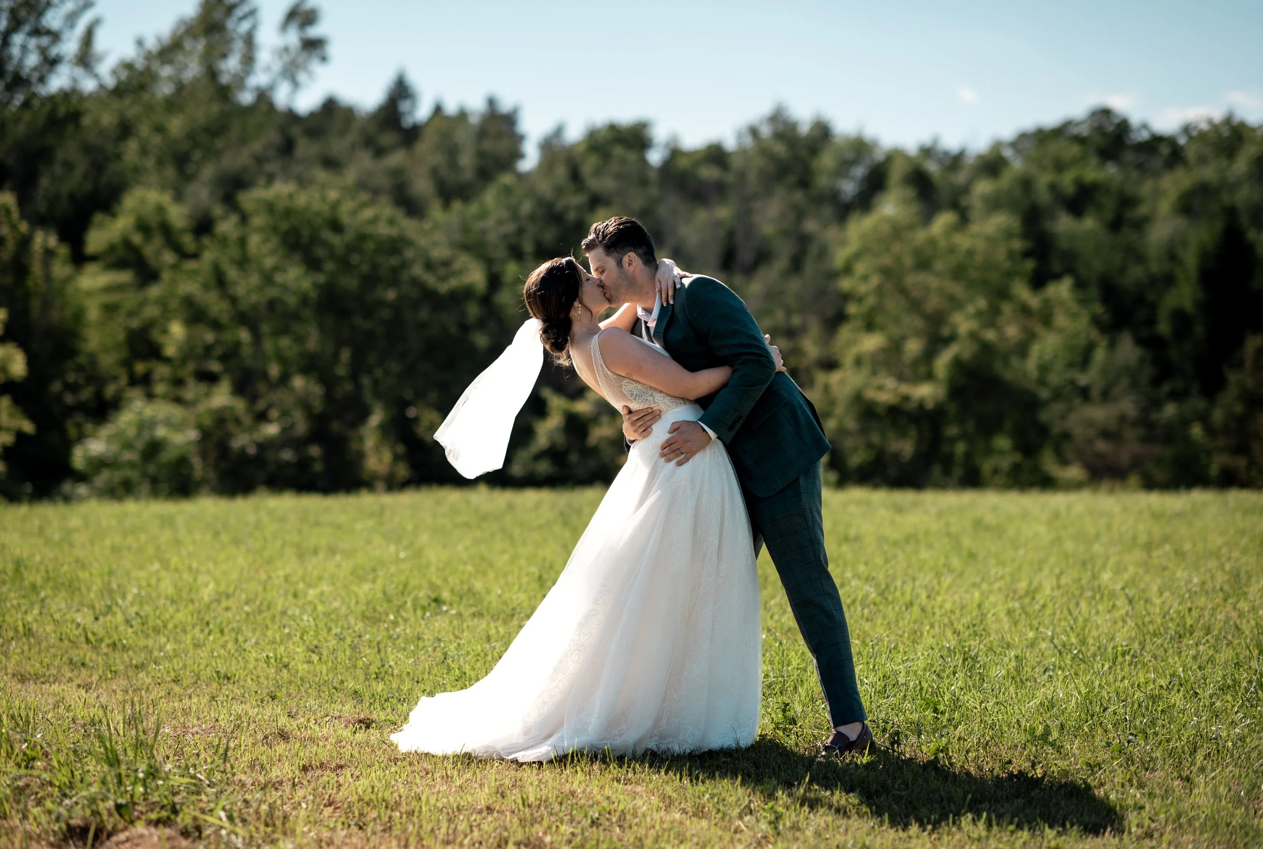 A bride and groom kiss and embrace outdoors in a grassy field with trees in the background on a sunny day.
