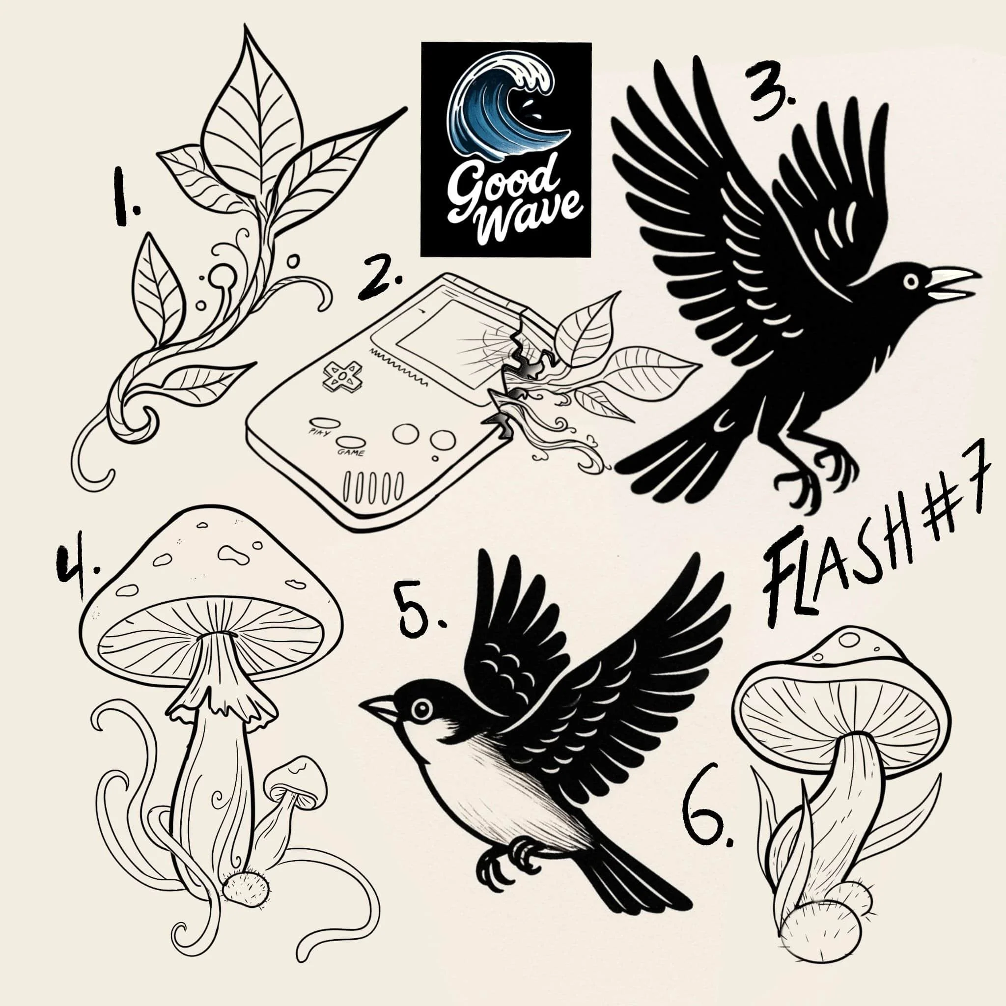 Black and white sketch of various elements, including a plant, a handheld gaming device, a crow in flight, a mushroom, a smaller bird, and labels with numbers, along with a "Good Wave" logo at the top.