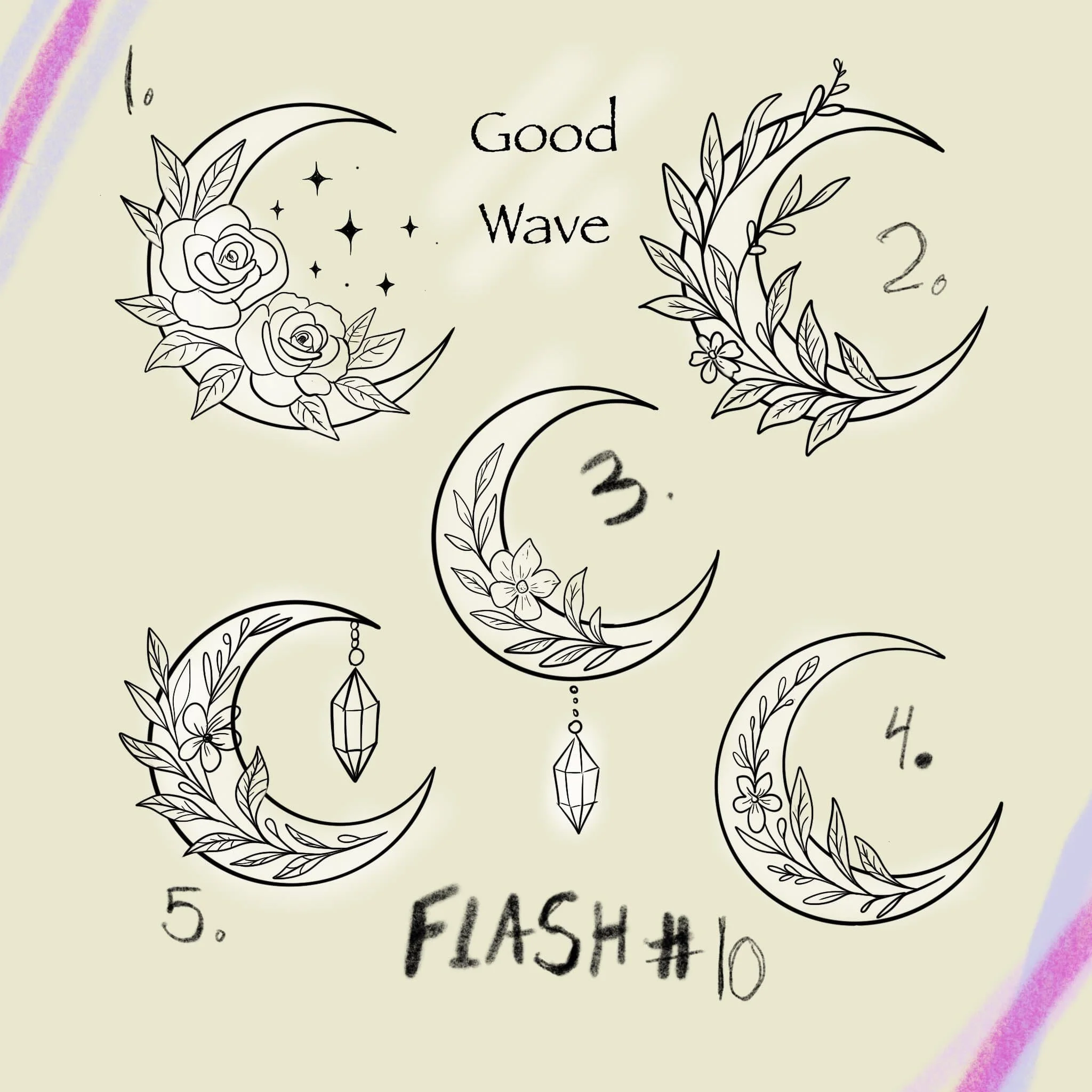 Illustration of five decorated crescent moons with flowers and hanging crystals,