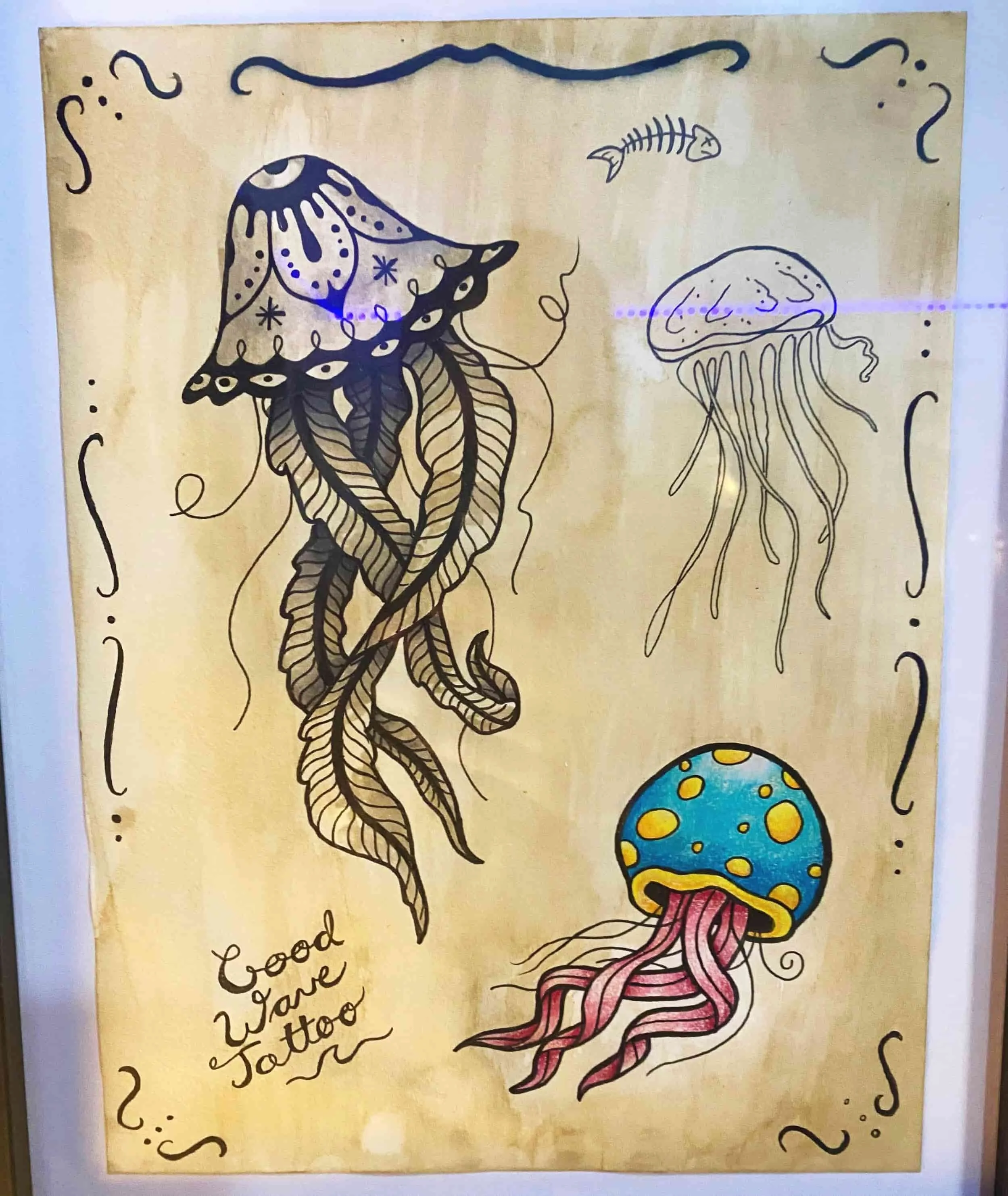 traditional tattoo flash, minimalist tattoo jelly fish, private tattoo studio